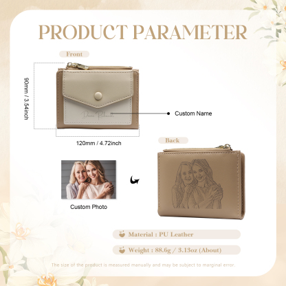 Damen Personalisierter 1 Name & Foto PU Leder Klapp-Portemonnaie Geldbörse mit Reißverschluss 