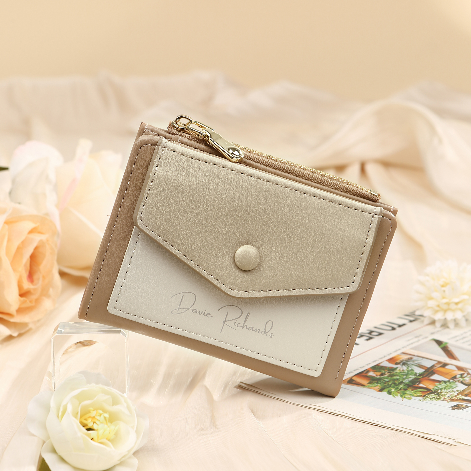 Damen Personalisierter 1 Name & Foto PU Leder Klapp-Portemonnaie Geldbörse mit Reißverschluss 