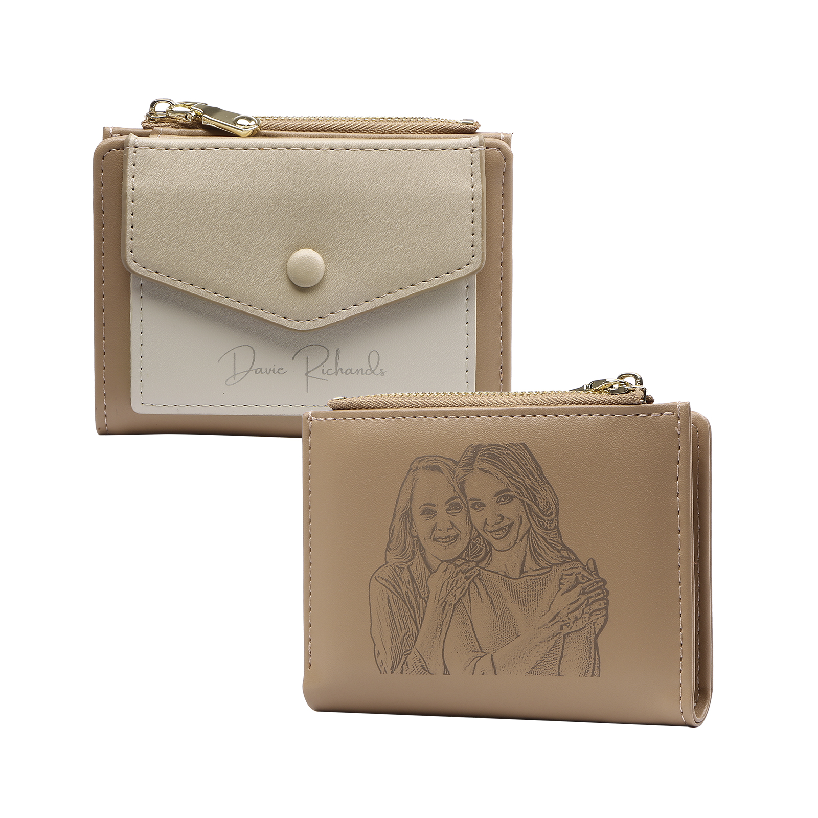 Damen Personalisierter 1 Name & Foto PU Leder Klapp-Portemonnaie Geldbörse mit Reißverschluss 