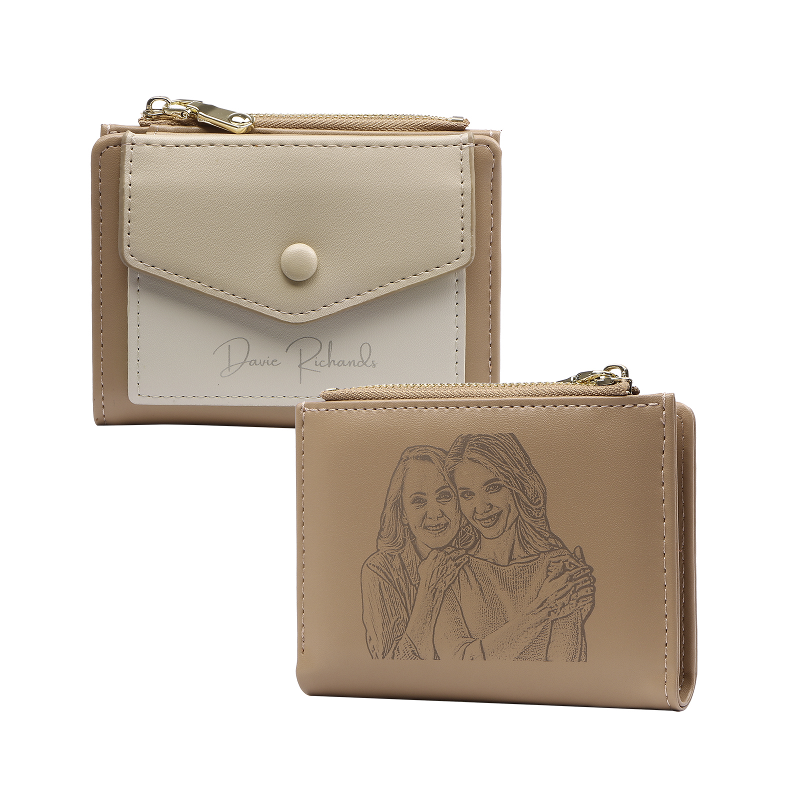 Damen Personalisierter 1 Name & Foto PU Leder Klapp-Portemonnaie Geldbörse mit Reißverschluss 