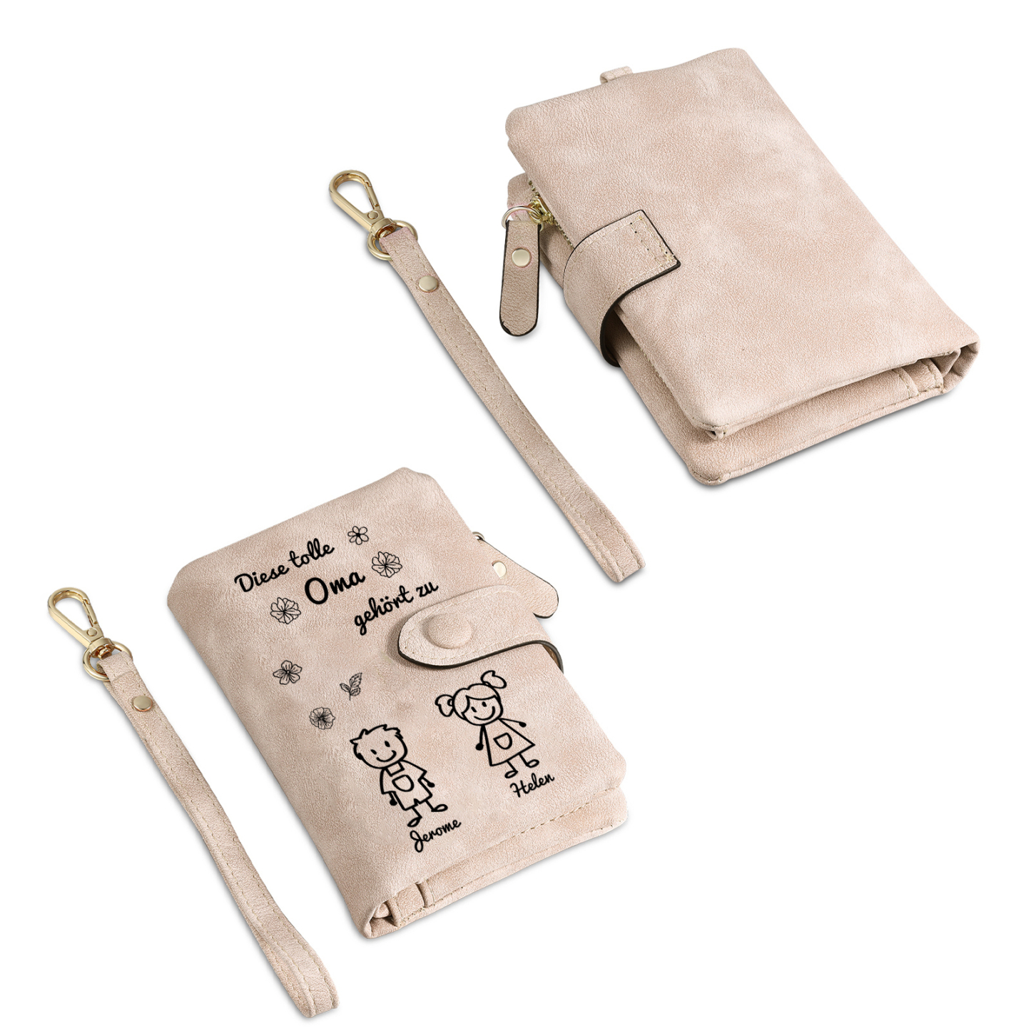 Personalisierte 2 Namen & Muster PU-Leder Portemonnaie & 2 Namen Herz Schlüsselanhänger -Diese tolle Oma gehört zu- Geldbörse & Schlüsselanhänger Geschenkbox Set für Oma Großmutter
