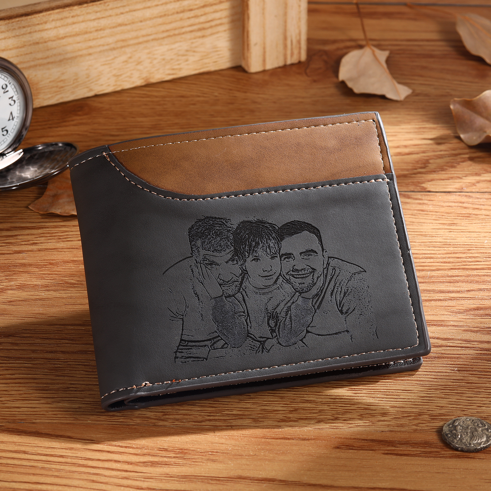 Herren Personalisiertes Foto & Name & Buchstabe PU Leder Grau & Orange Herren Geldbörse – Perfektes Geschenk