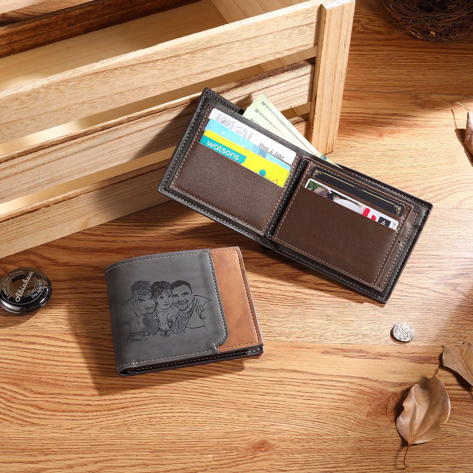 Herren Personalisiertes Foto & Name & Buchstabe PU Leder Grau & Orange Herren Geldbörse – Perfektes Geschenk