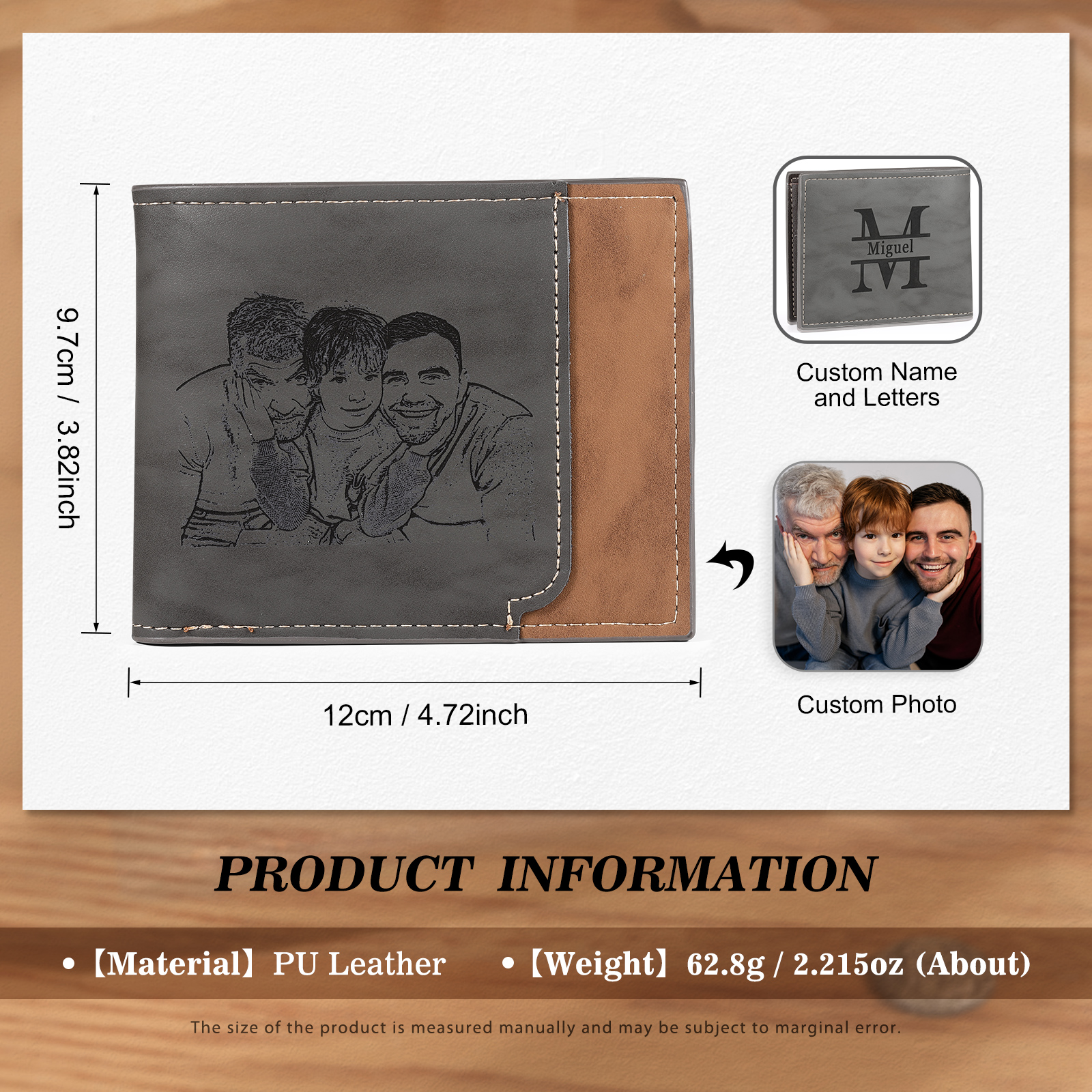 Herren Personalisiertes Foto & Name & Buchstabe PU Leder Grau & Orange Herren Geldbörse – Perfektes Geschenk