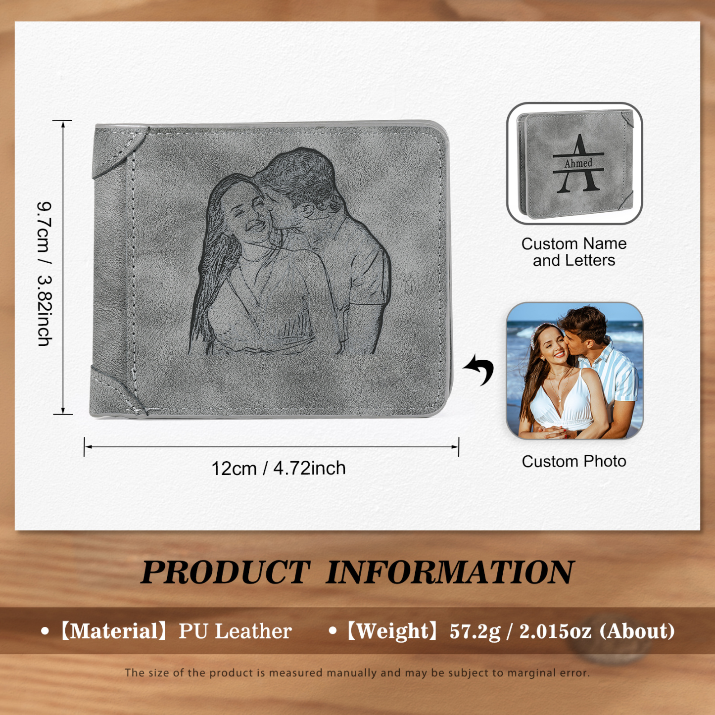Herren Personalisiertes Foto & Name & Buchstabe PU Leder Herren Geldbörse in Dunkelgrau/ Blau/ Schwarz