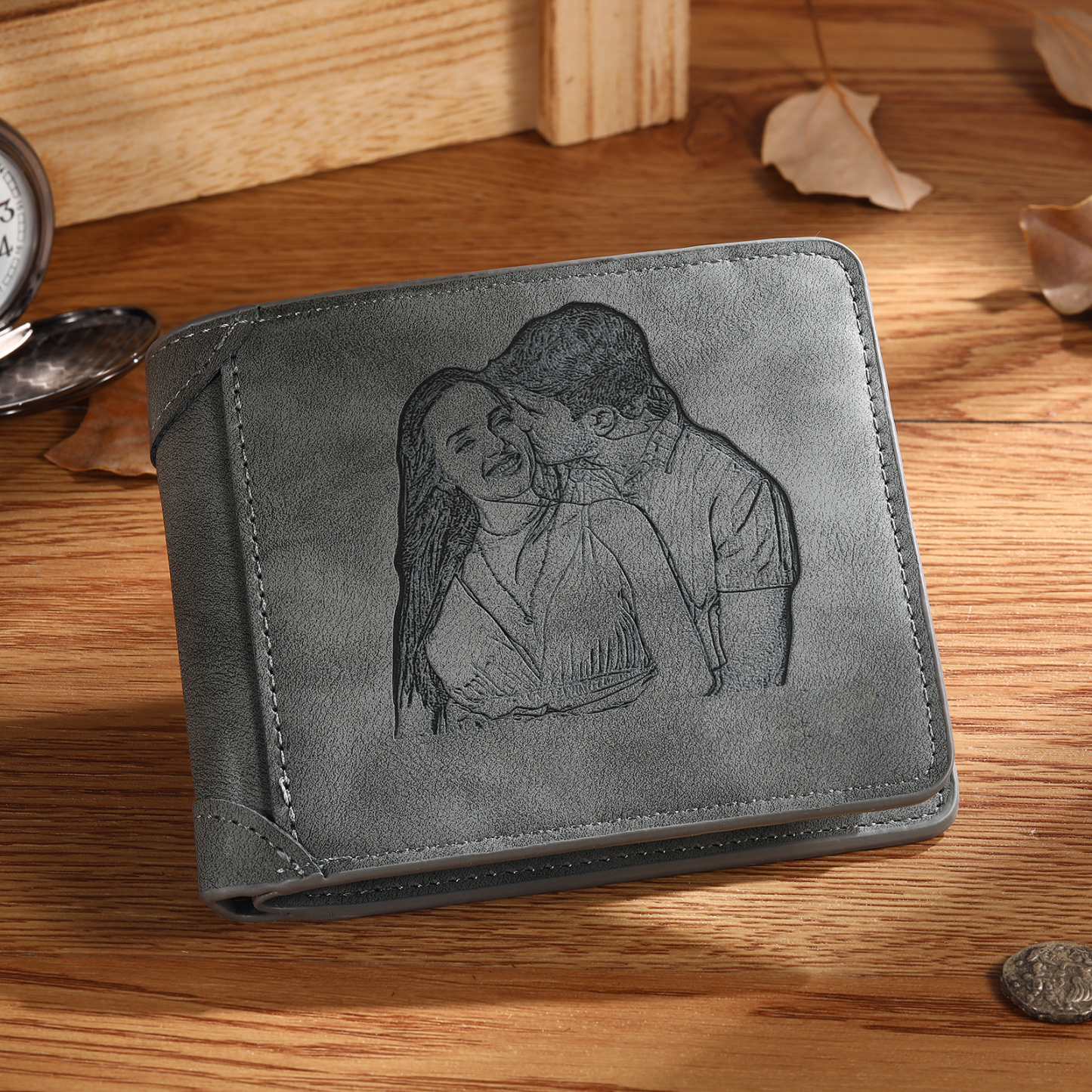 Herren Personalisiertes Foto & Name & Buchstabe PU Leder Dunkelgrau &
