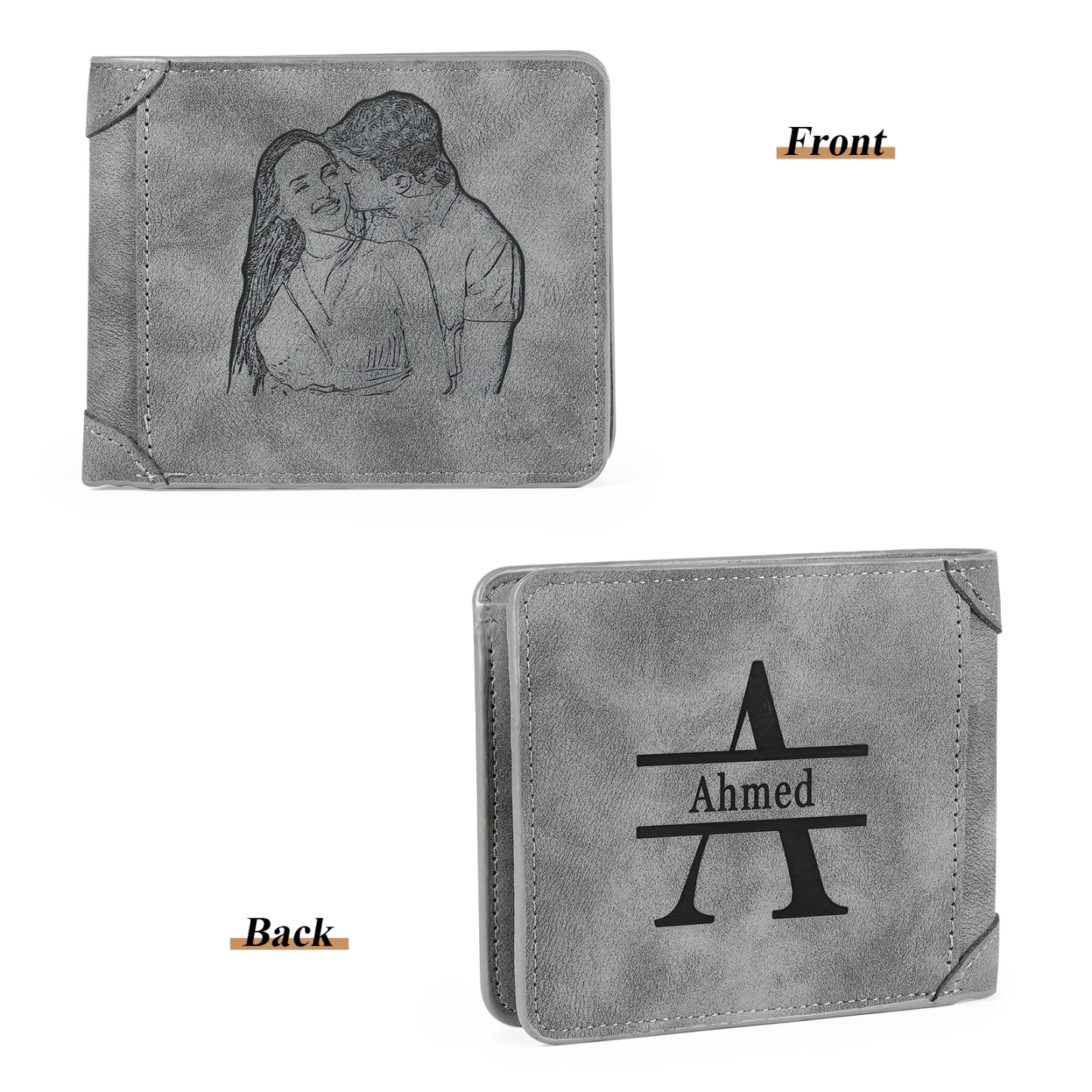 Herren Personalisiertes Foto & Name & Buchstabe PU Leder Herren Geldbörse in Dunkelgrau/ Blau/ Schwarz