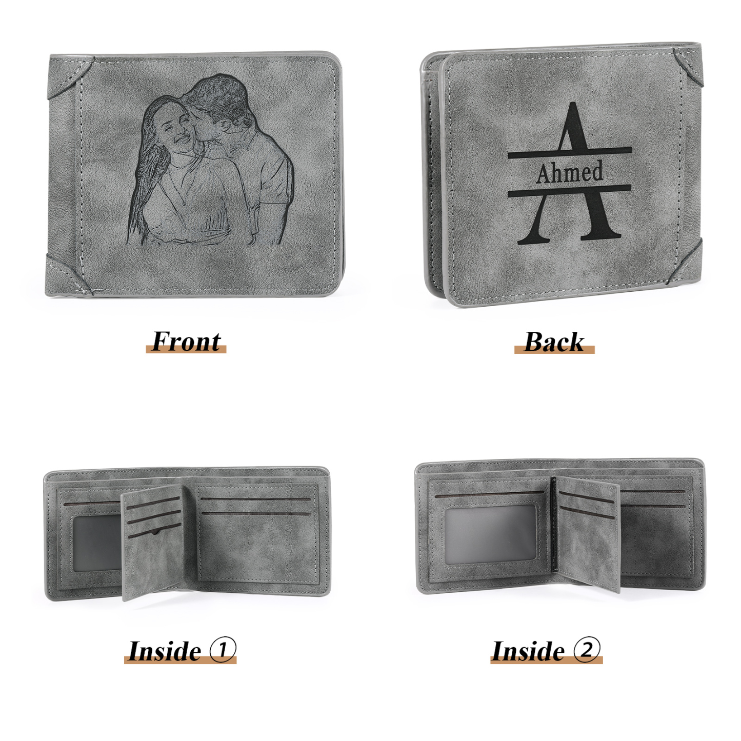 Herren Personalisiertes Foto & Name & Buchstabe PU Leder Herren Geldbörse in Dunkelgrau/ Blau/ Schwarz