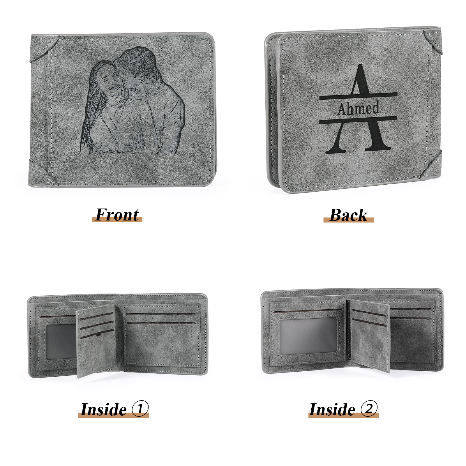 Herren Personalisiertes Foto & Name & Buchstabe PU Leder Herren Geldbörse in Dunkelgrau/ Blau/ Schwarz