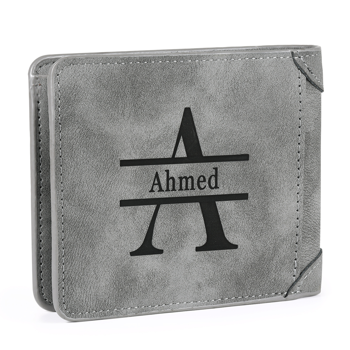 Herren Personalisiertes Foto & Name & Buchstabe PU Leder Herren Geldbörse in Dunkelgrau/ Blau/ Schwarz