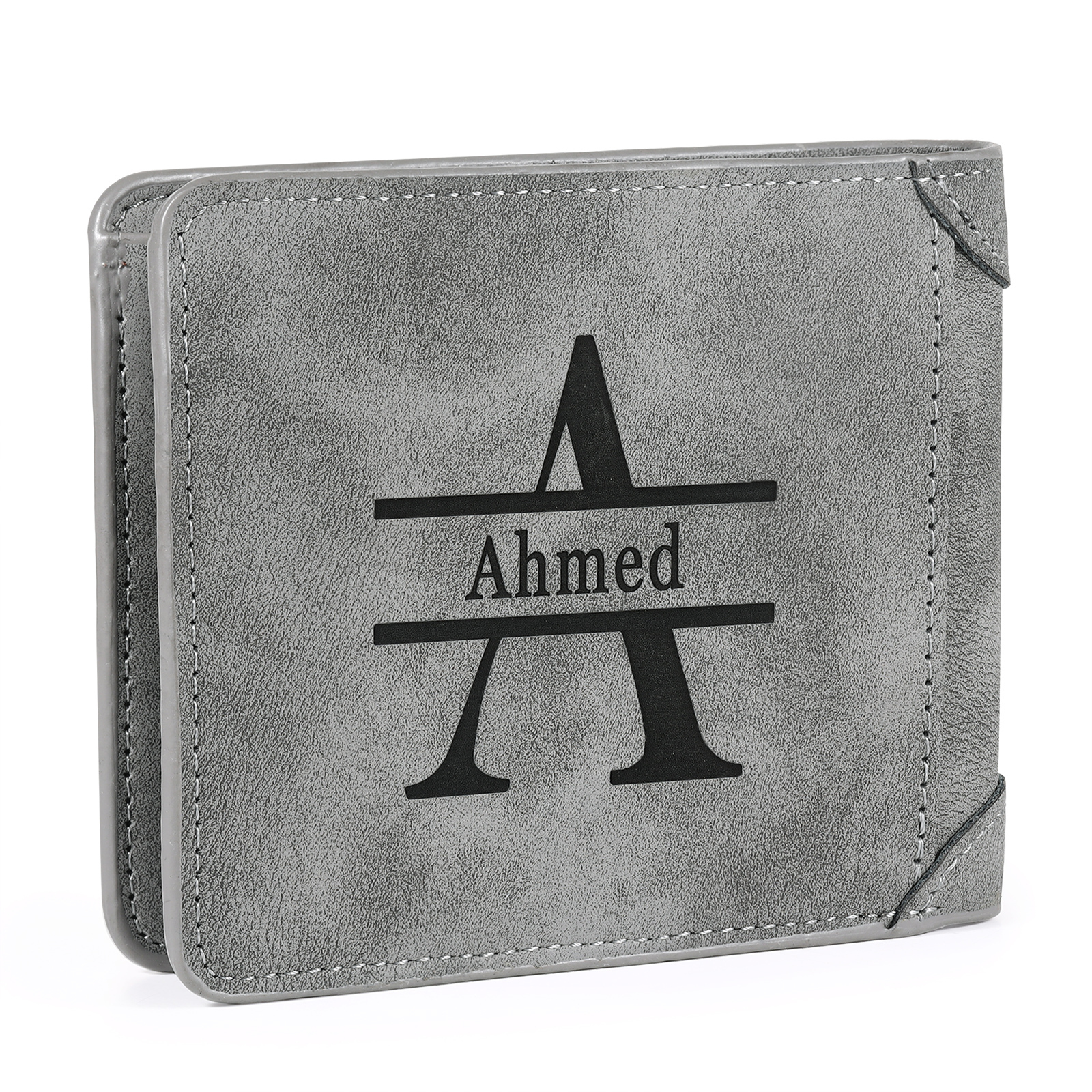 Herren Personalisiertes Foto & Name & Buchstabe PU Leder Herren Geldbörse in Dunkelgrau/ Blau/ Schwarz