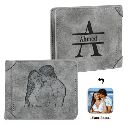Herren Personalisiertes Foto & Name & Buchstabe PU Leder Herren Geldbörse in Dunkelgrau/ Blau/ Schwarz