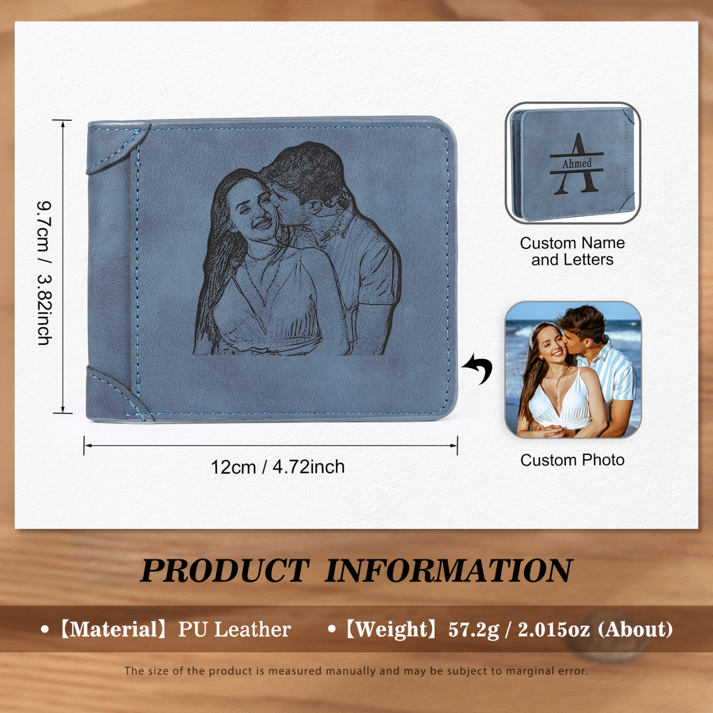 Herren Personalisiertes Foto & Name & Buchstabe PU Leder Herren Geldbörse in Dunkelgrau/ Blau/ Schwarz