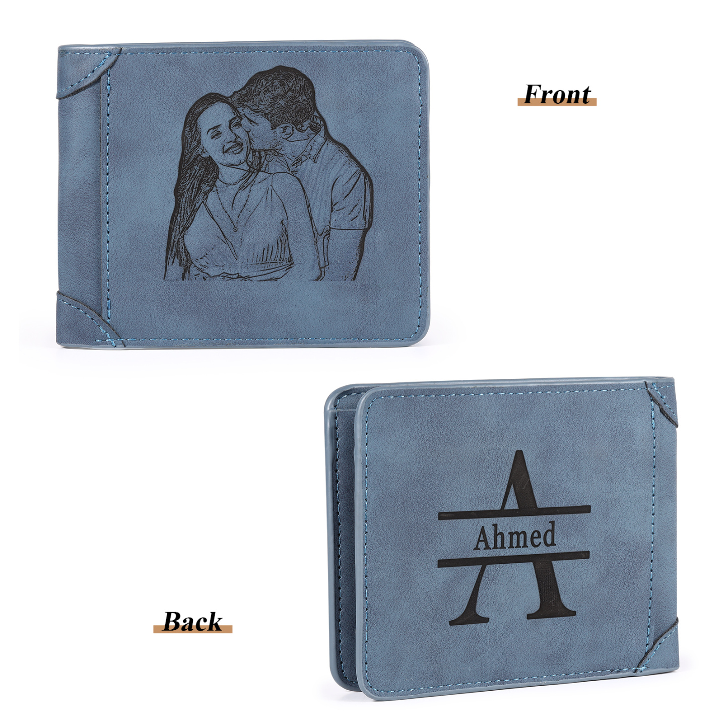 Herren Personalisiertes Foto & Name & Buchstabe PU Leder Herren Geldbörse in Dunkelgrau/ Blau/ Schwarz