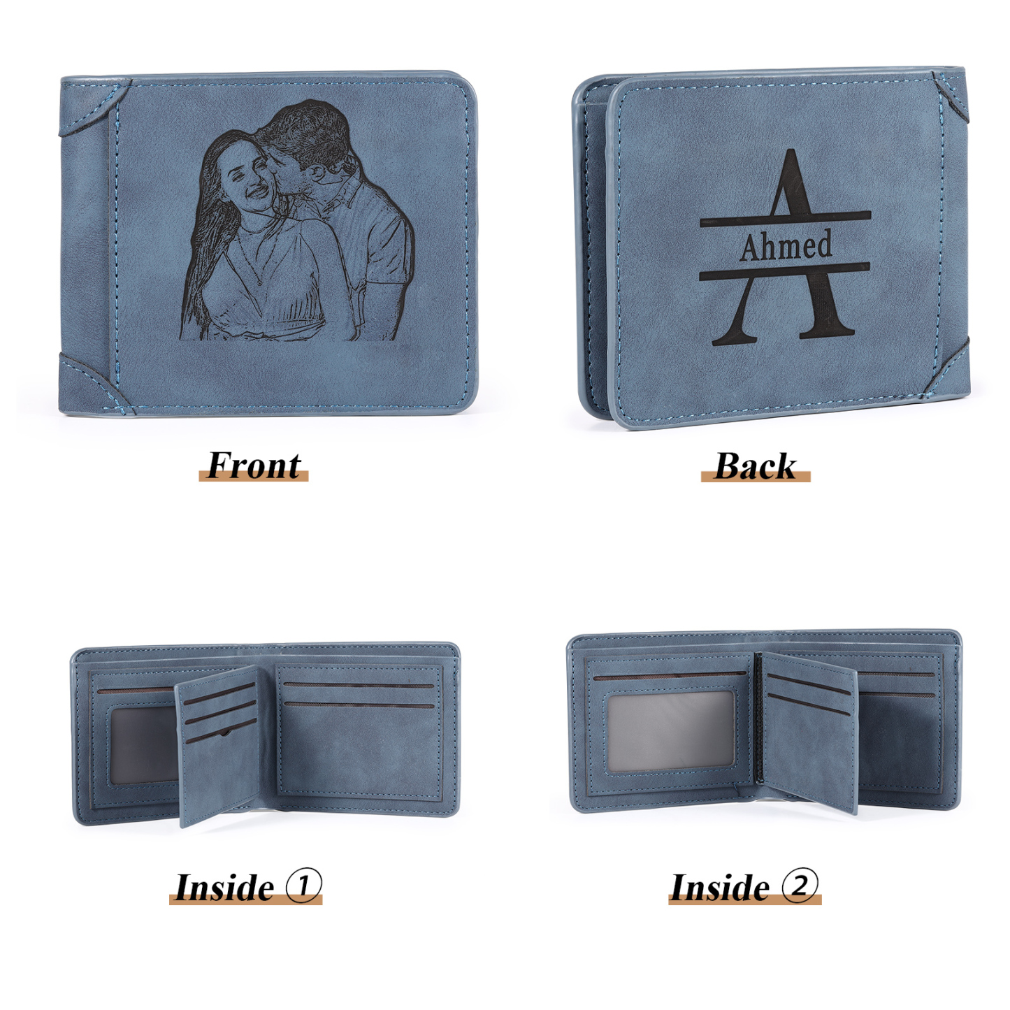 Herren Personalisiertes Foto & Name & Buchstabe PU Leder Herren Geldbörse in Dunkelgrau/ Blau/ Schwarz
