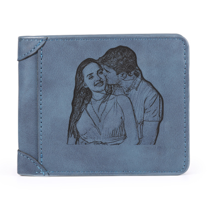 Herren Personalisiertes Foto & Name & Buchstabe PU Leder Herren Geldbörse in Dunkelgrau/ Blau/ Schwarz