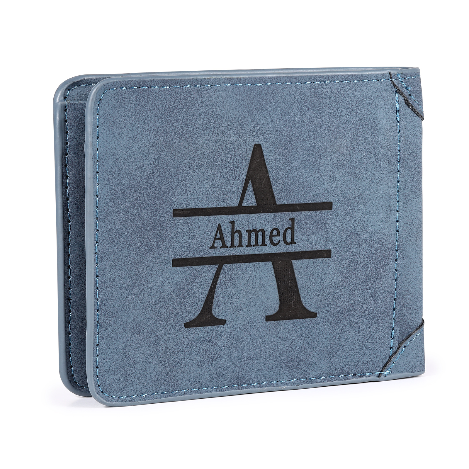 Herren Personalisiertes Foto & Name & Buchstabe PU Leder Herren Geldbörse in Dunkelgrau/ Blau/ Schwarz