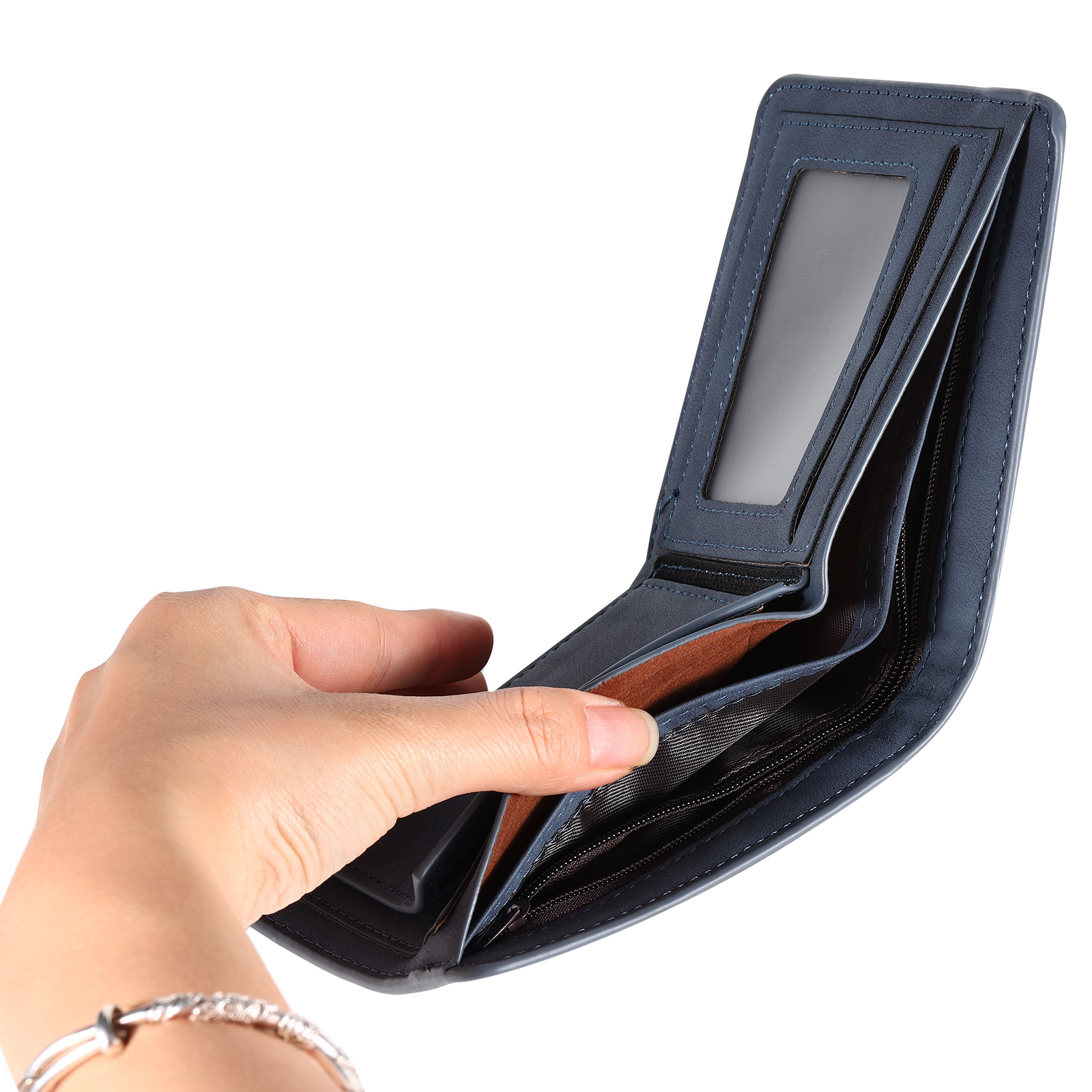 Herren Personalisiertes Foto & Name & Buchstabe PU Leder Herren Geldbörse in Dunkelgrau/ Blau/ Schwarz