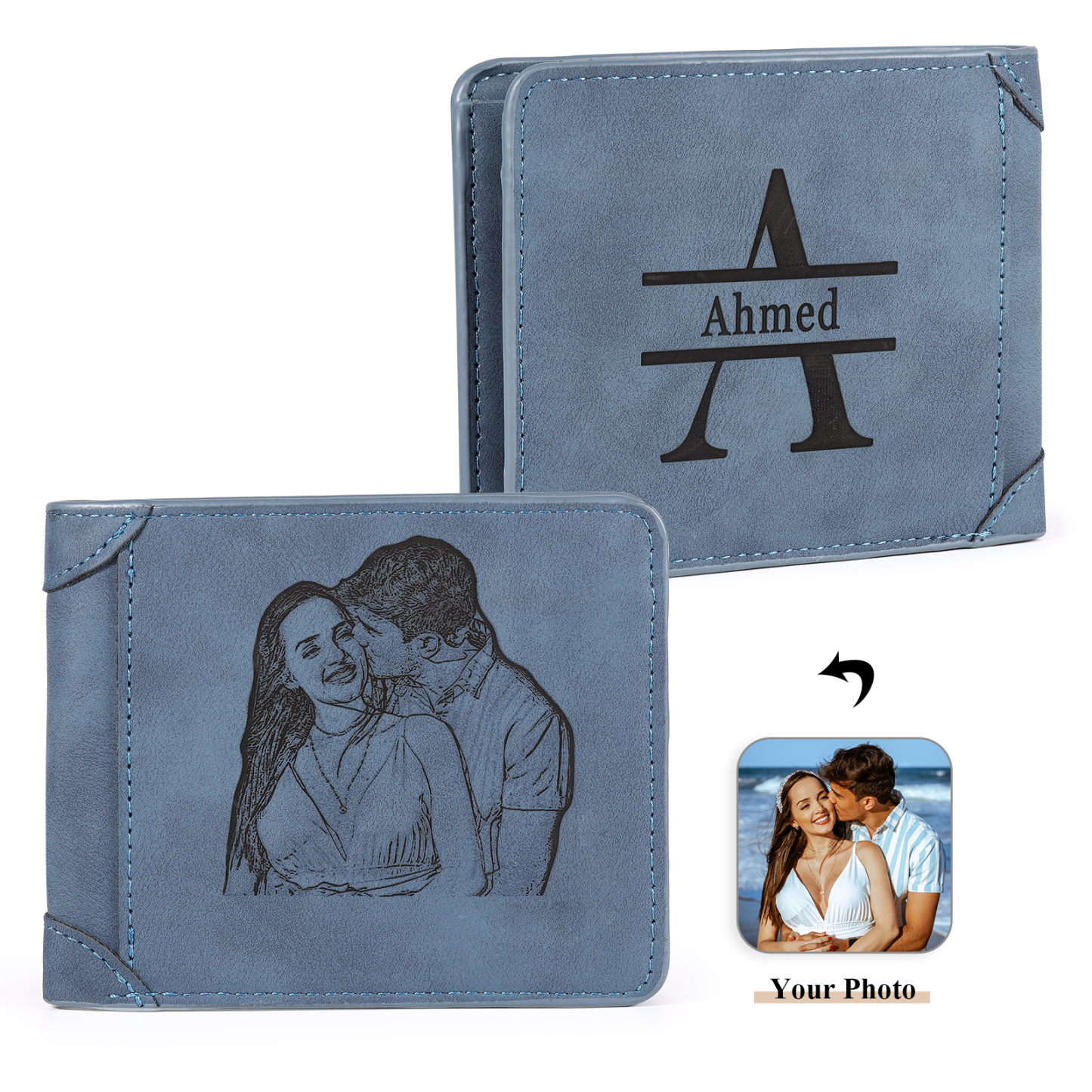 Herren Personalisiertes Foto & Name & Buchstabe PU Leder Herren Geldbörse in Dunkelgrau/ Blau/ Schwarz