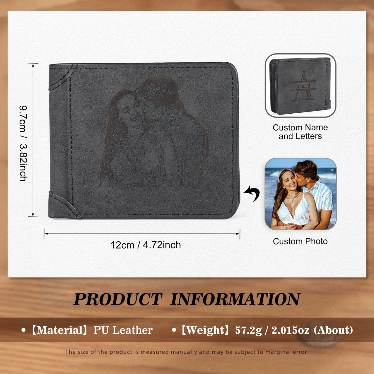 Herren Personalisiertes Foto & Name & Buchstabe PU Leder Herren Geldbörse in Dunkelgrau/ Blau/ Schwarz