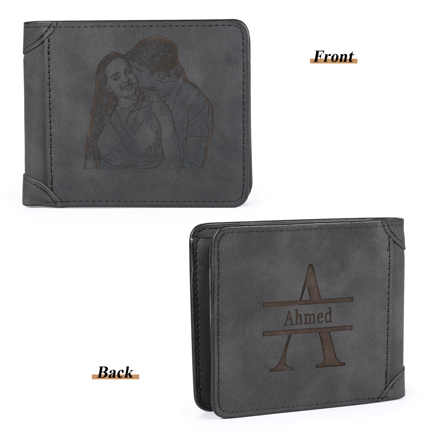 Herren Personalisiertes Foto & Name & Buchstabe PU Leder Herren Geldbörse in Dunkelgrau/ Blau/ Schwarz