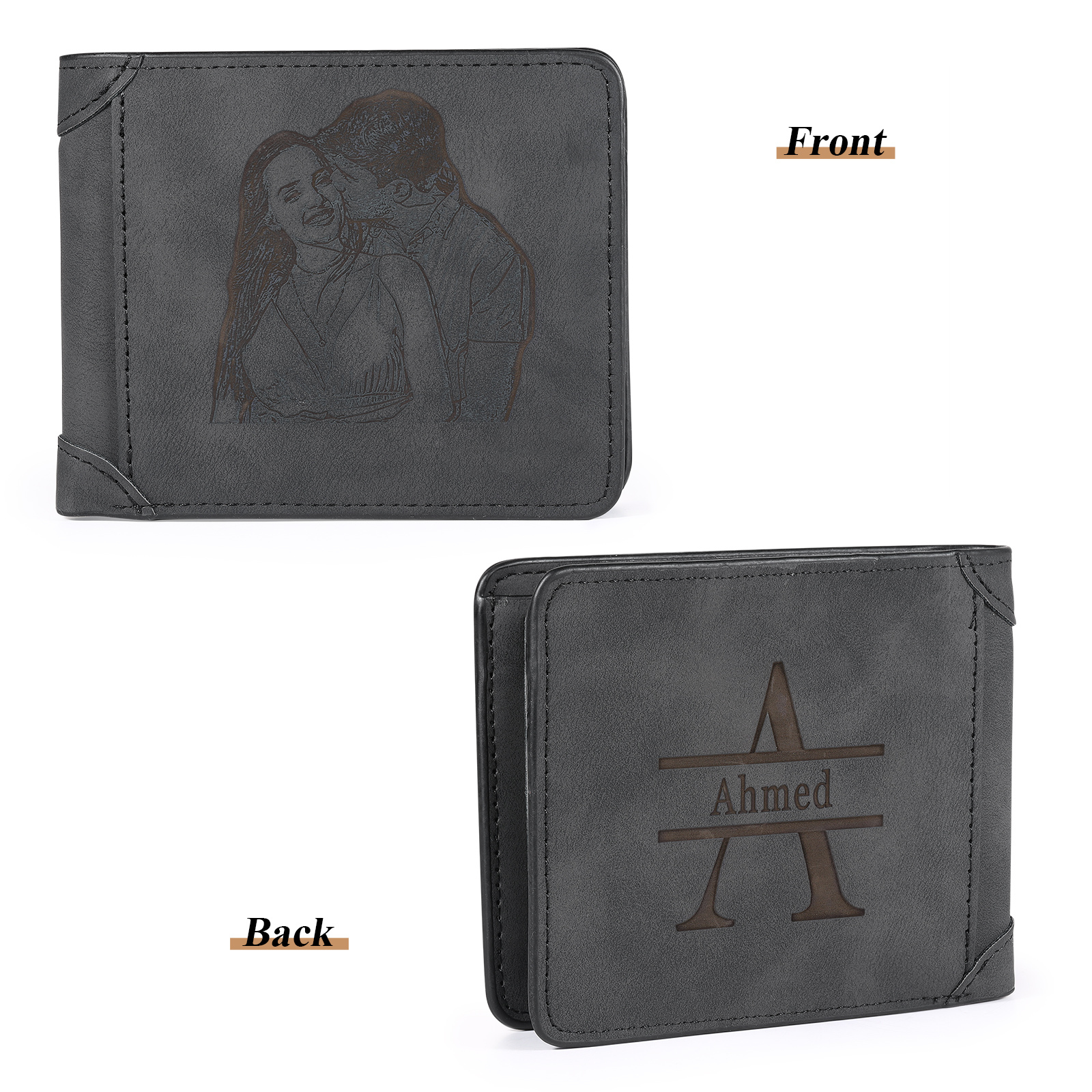 Herren Personalisiertes Foto & Name & Buchstabe PU Leder Herren Geldbörse in Dunkelgrau/ Blau/ Schwarz