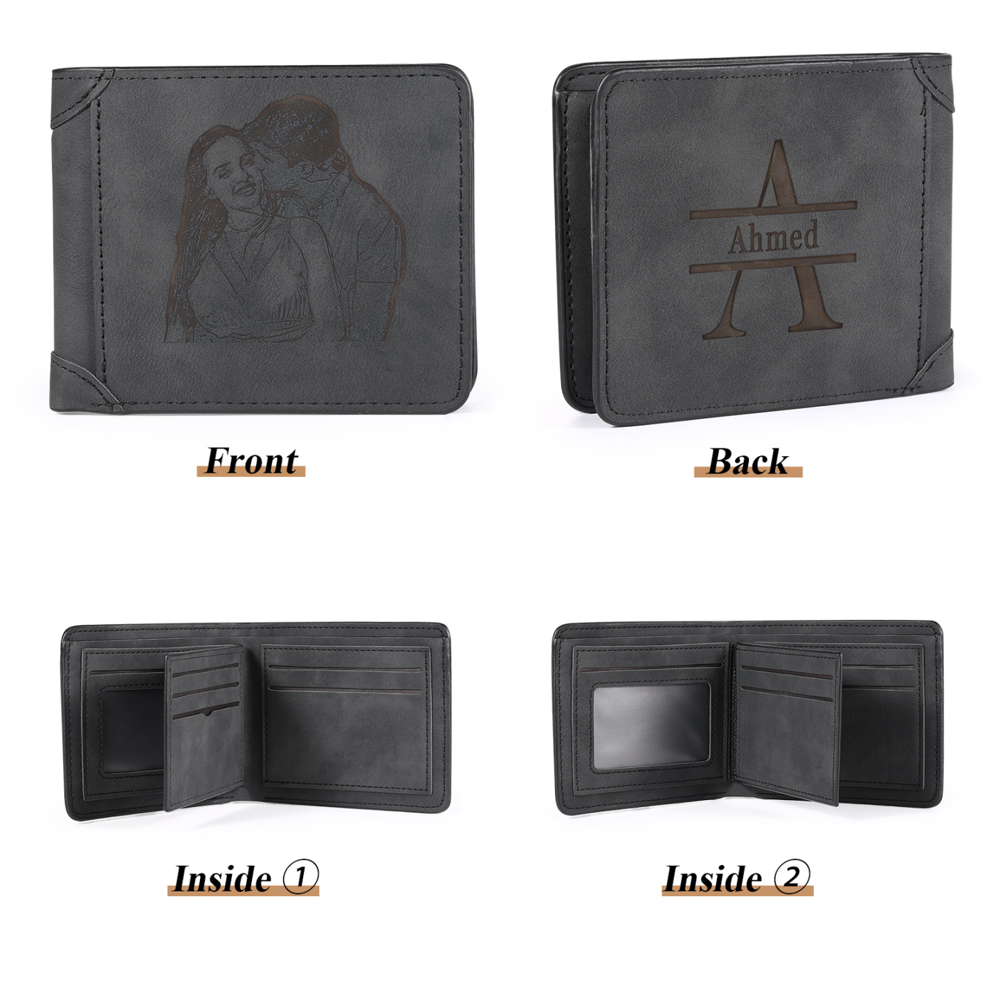 Herren Personalisiertes Foto & Name & Buchstabe PU Leder Herren Geldbörse in Dunkelgrau/ Blau/ Schwarz