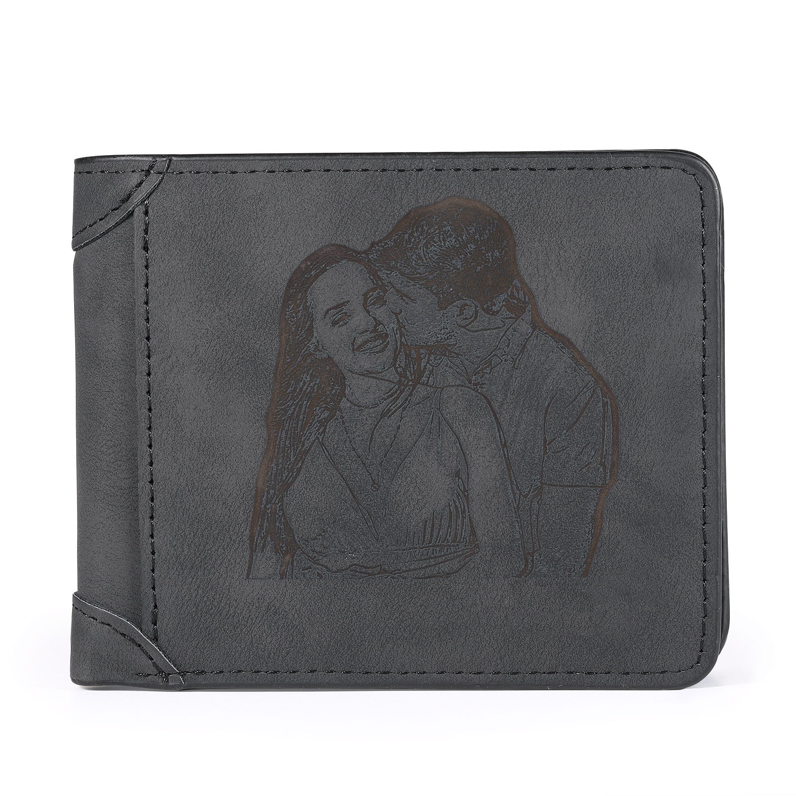 Herren Personalisiertes Foto & Name & Buchstabe PU Leder Herren Geldbörse in Dunkelgrau/ Blau/ Schwarz