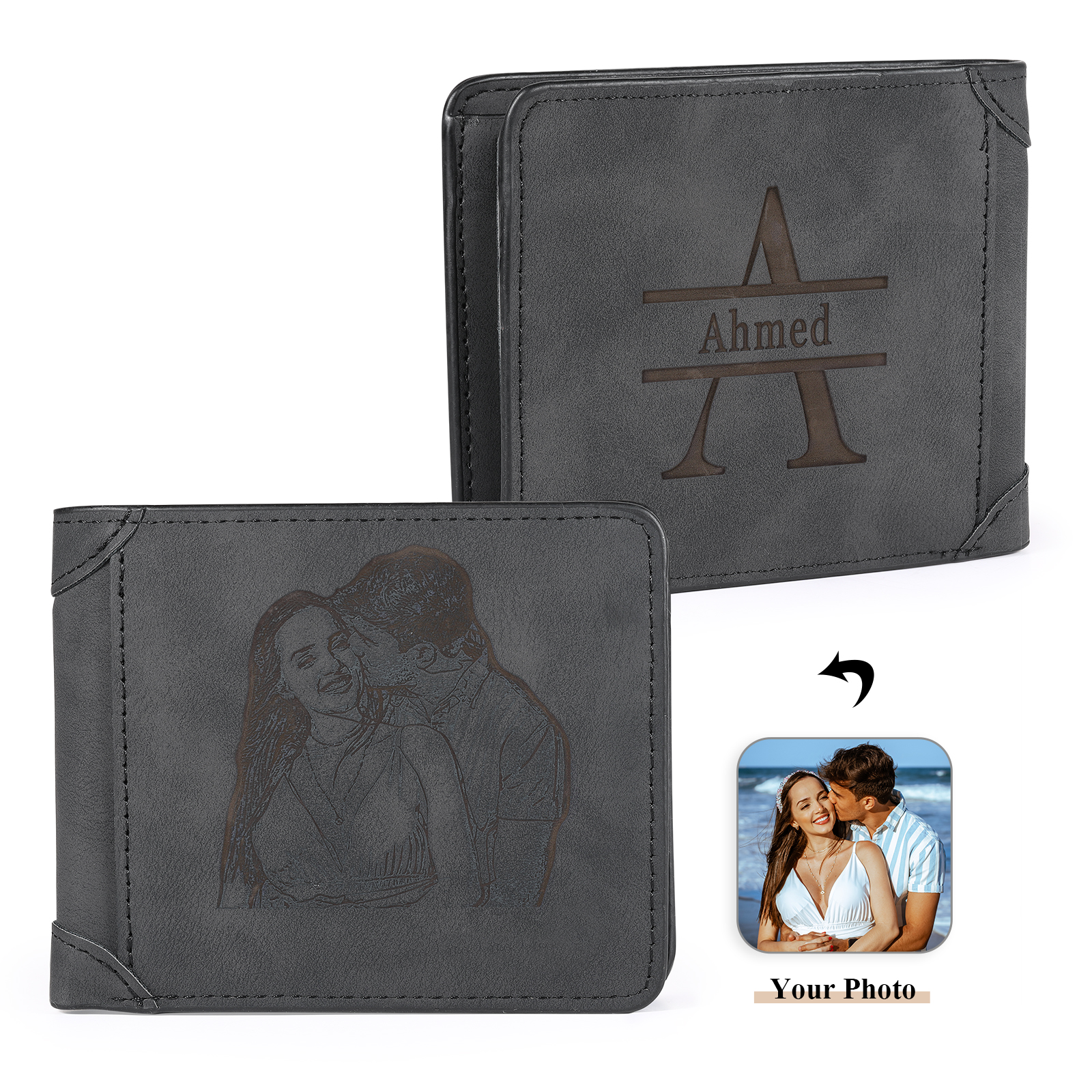 Herren Personalisiertes Foto & Name & Buchstabe PU Leder Herren Geldbörse in Dunkelgrau/ Blau/ Schwarz