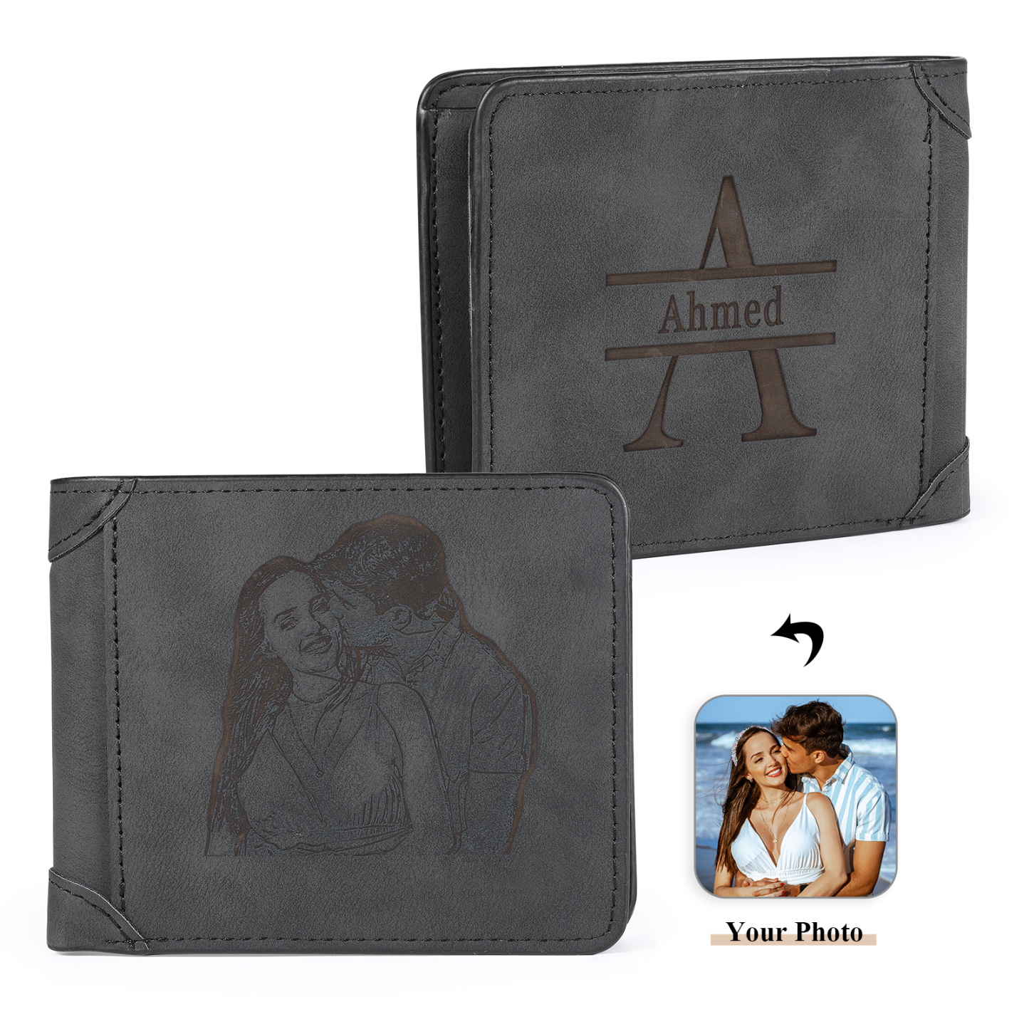 Herren Personalisiertes Foto & Name & Buchstabe PU Leder Herren Geldbörse in Dunkelgrau/ Blau/ Schwarz