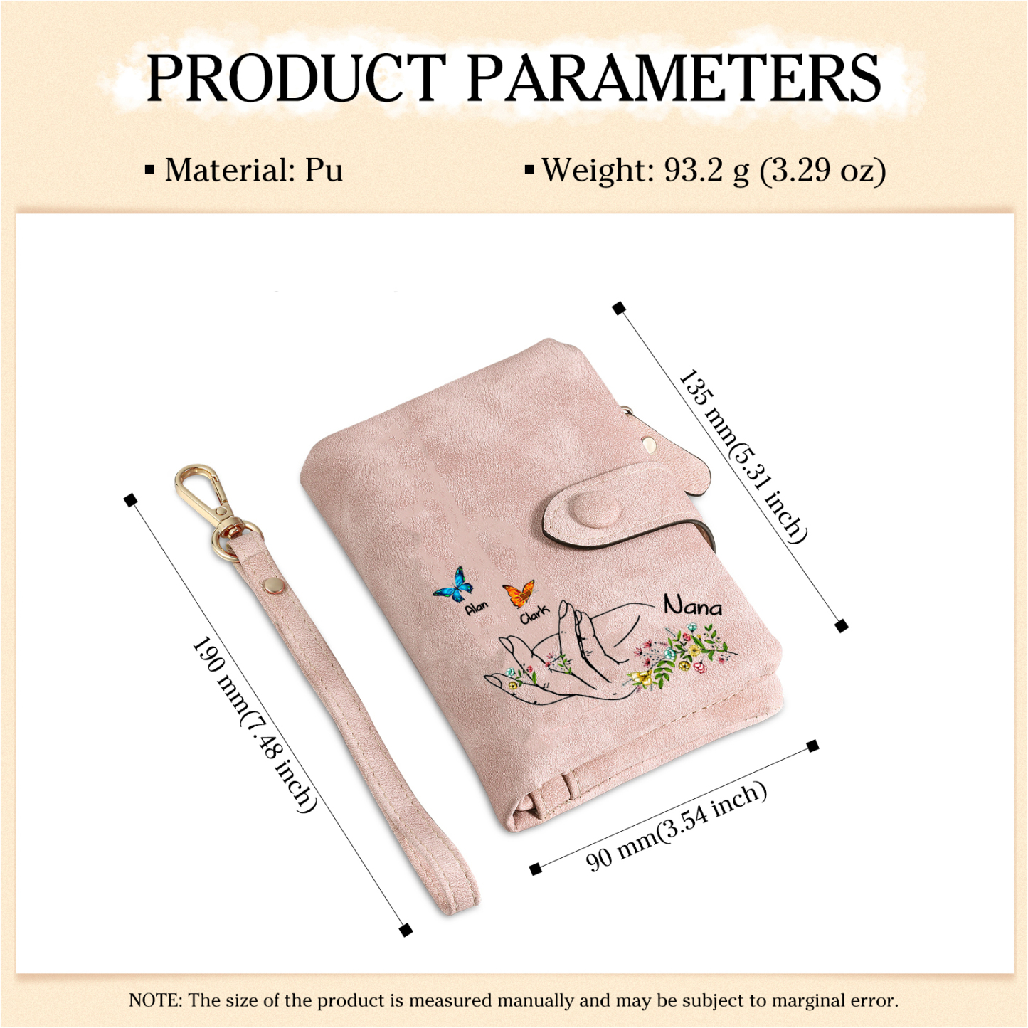 Damen Personalisierte 3-7 Namen mit Hand & Schmetterling & Blumen PU Leder Geldbörse