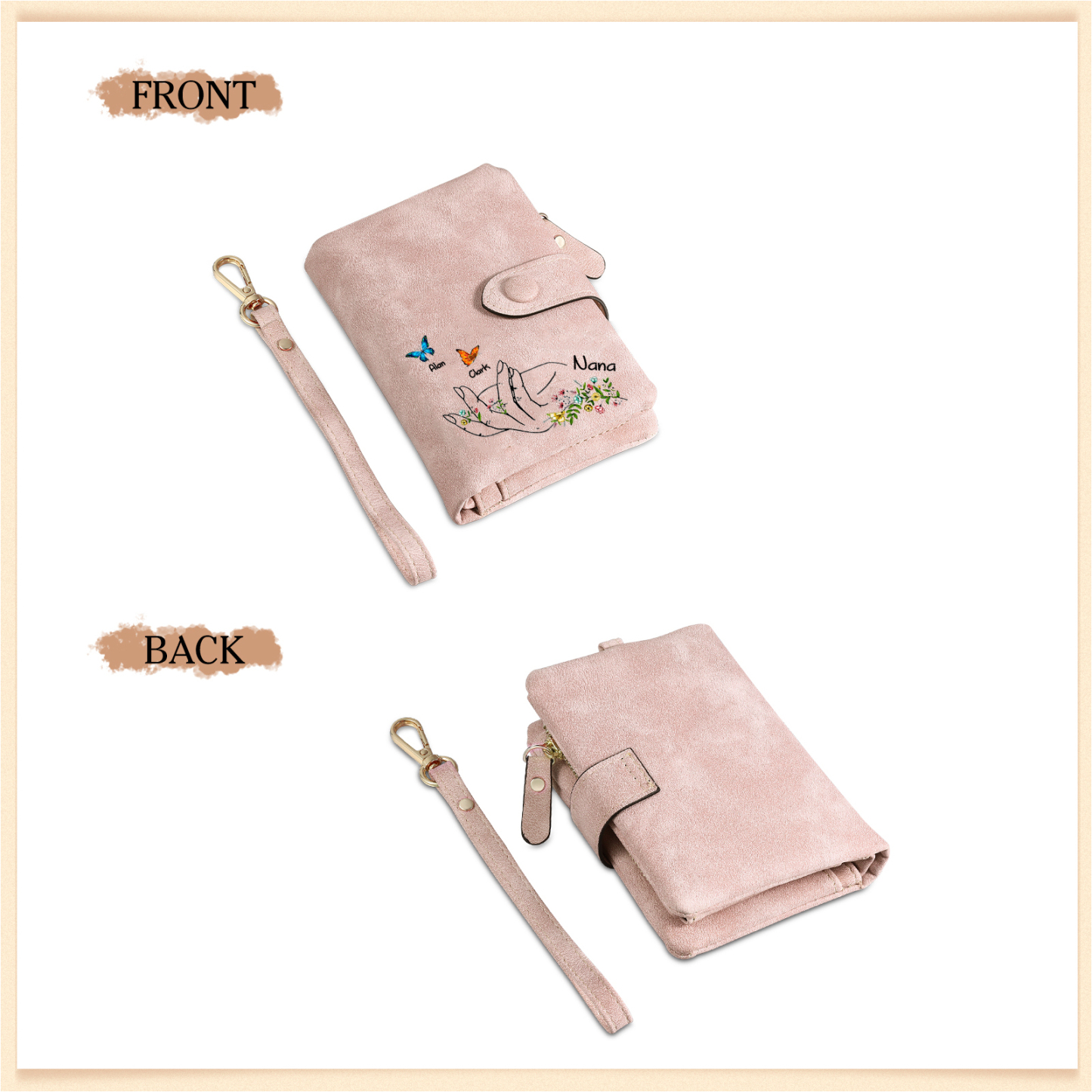 Damen Personalisierte 3-7 Namen mit Hand & Schmetterling & Blumen PU Leder Geldbörse