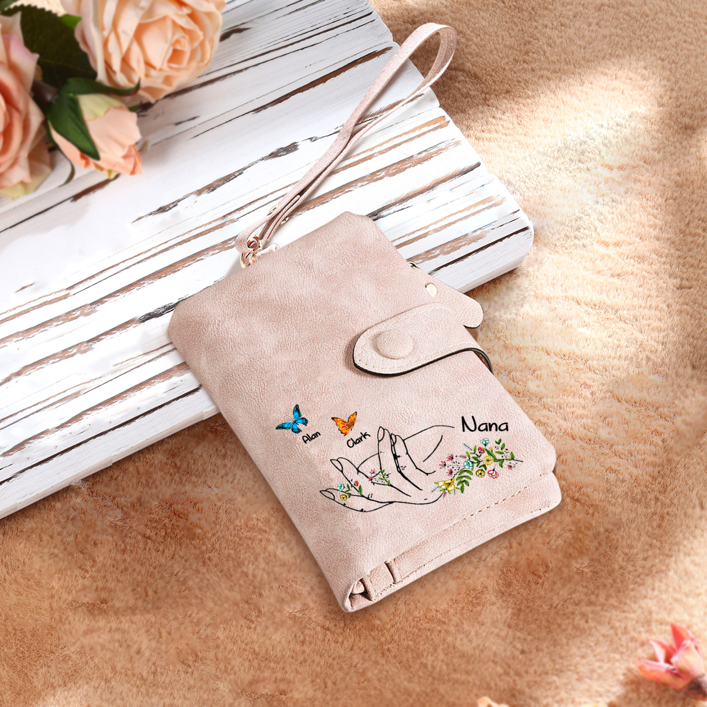 Damen Personalisierte 3-7 Namen mit Hand & Schmetterling & Blumen PU Leder Geldbörse