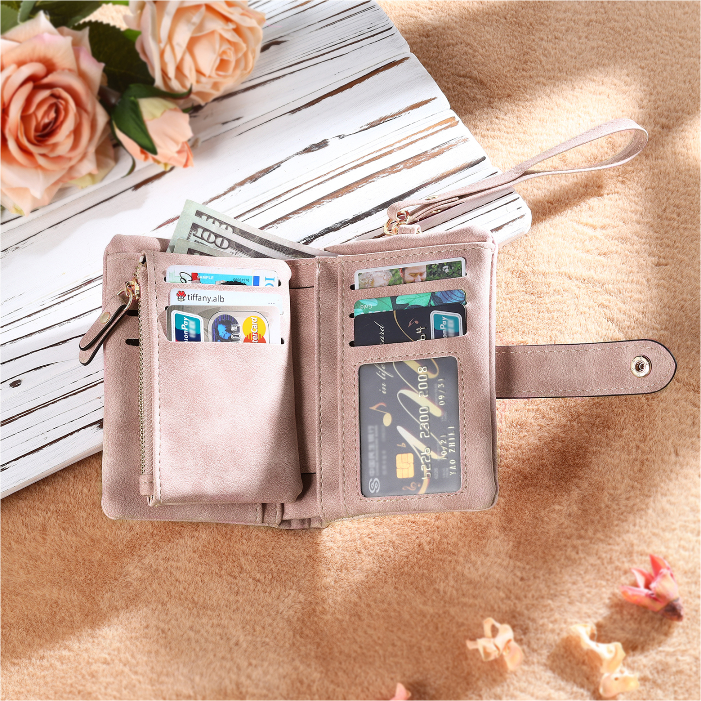 Damen Personalisierte 3-7 Namen mit Hand & Schmetterling & Blumen PU Leder Geldbörse