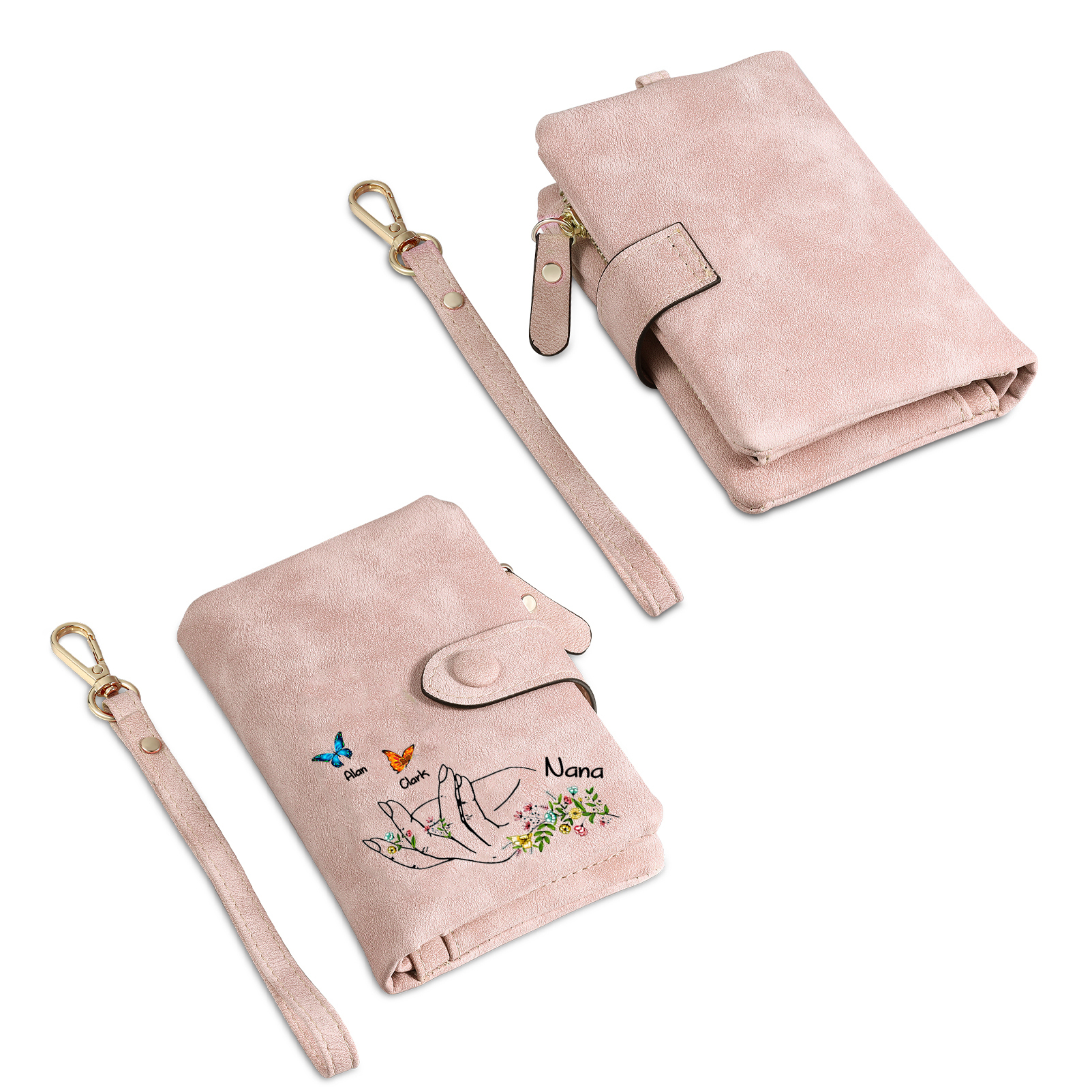 Damen Personalisierte 3-7 Namen mit Hand & Schmetterling & Blumen PU Leder Geldbörse