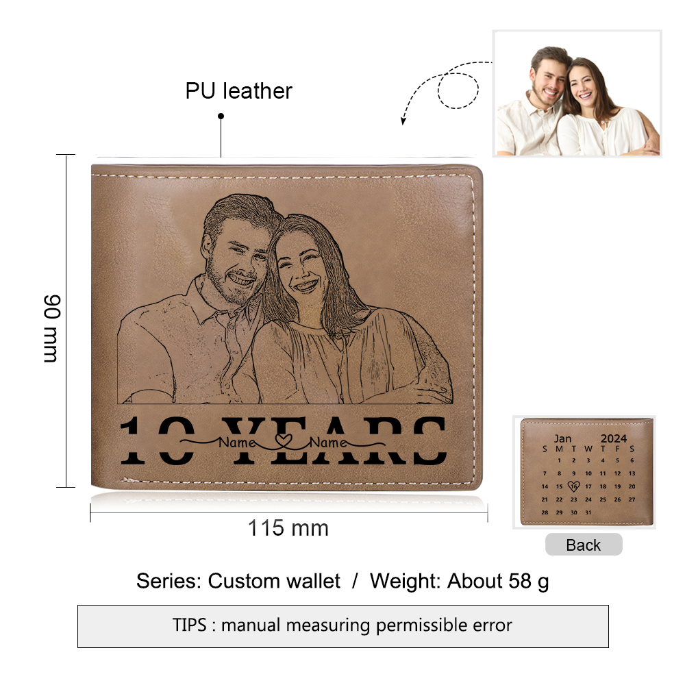 Herren Personalisiertes Foto & 2 Namen & Buchstabe & Datum & Texte & Figure & Kalender PU Leder Herren Geldbörse – Vier Stile zur Auswahl