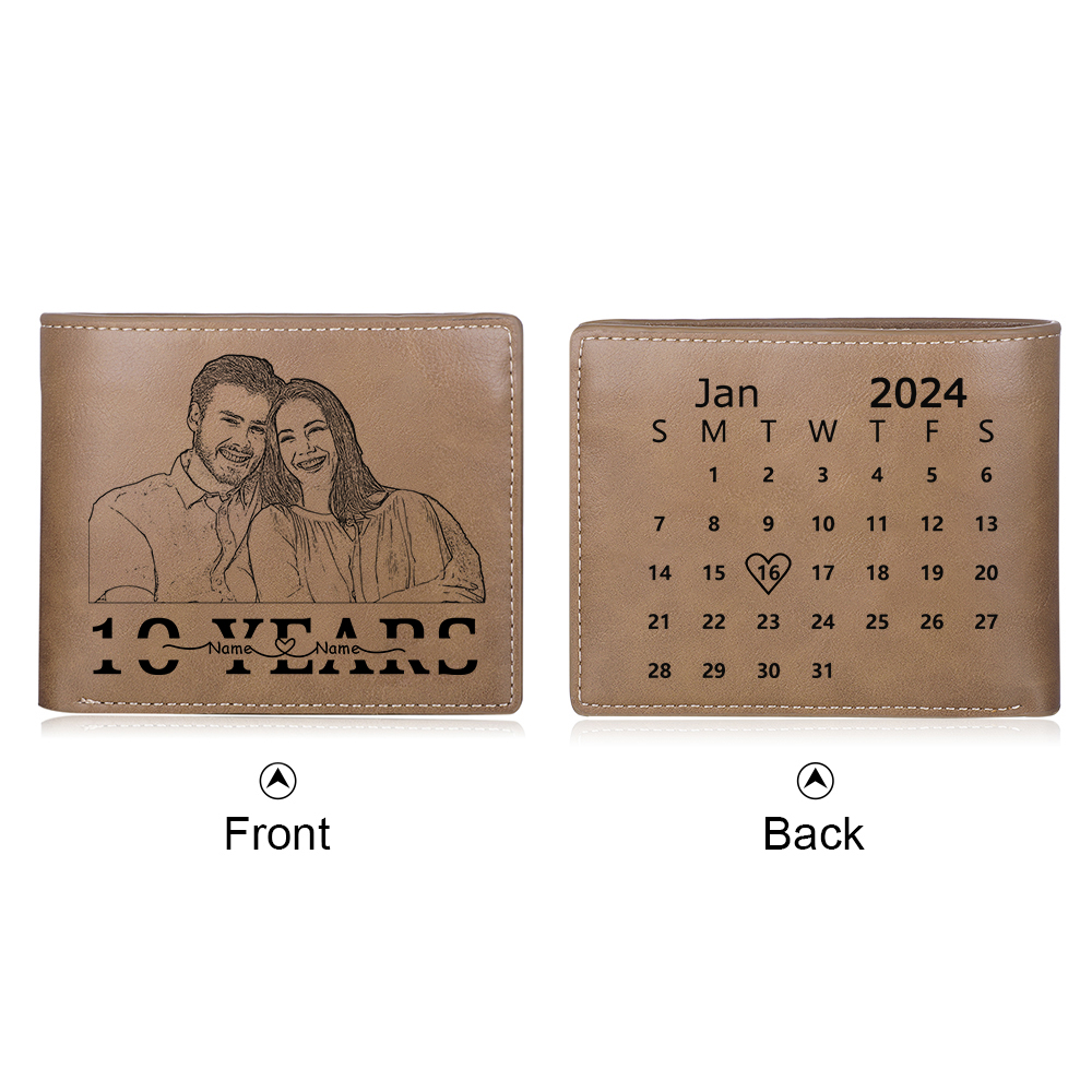 Herren Personalisiertes Foto & 2 Namen & Buchstabe & Datum & Texte & Figure & Kalender PU Leder Herren Geldbörse – Vier Stile zur Auswahl