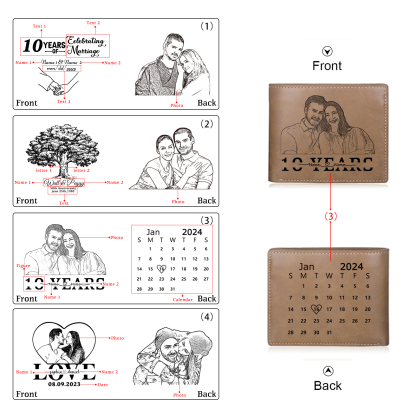 Herren Personalisiertes Foto & 2 Namen & Buchstabe & Datum & Texte & Figure & Kalender PU Leder Herren Geldbörse – Vier Stile zur Auswahl