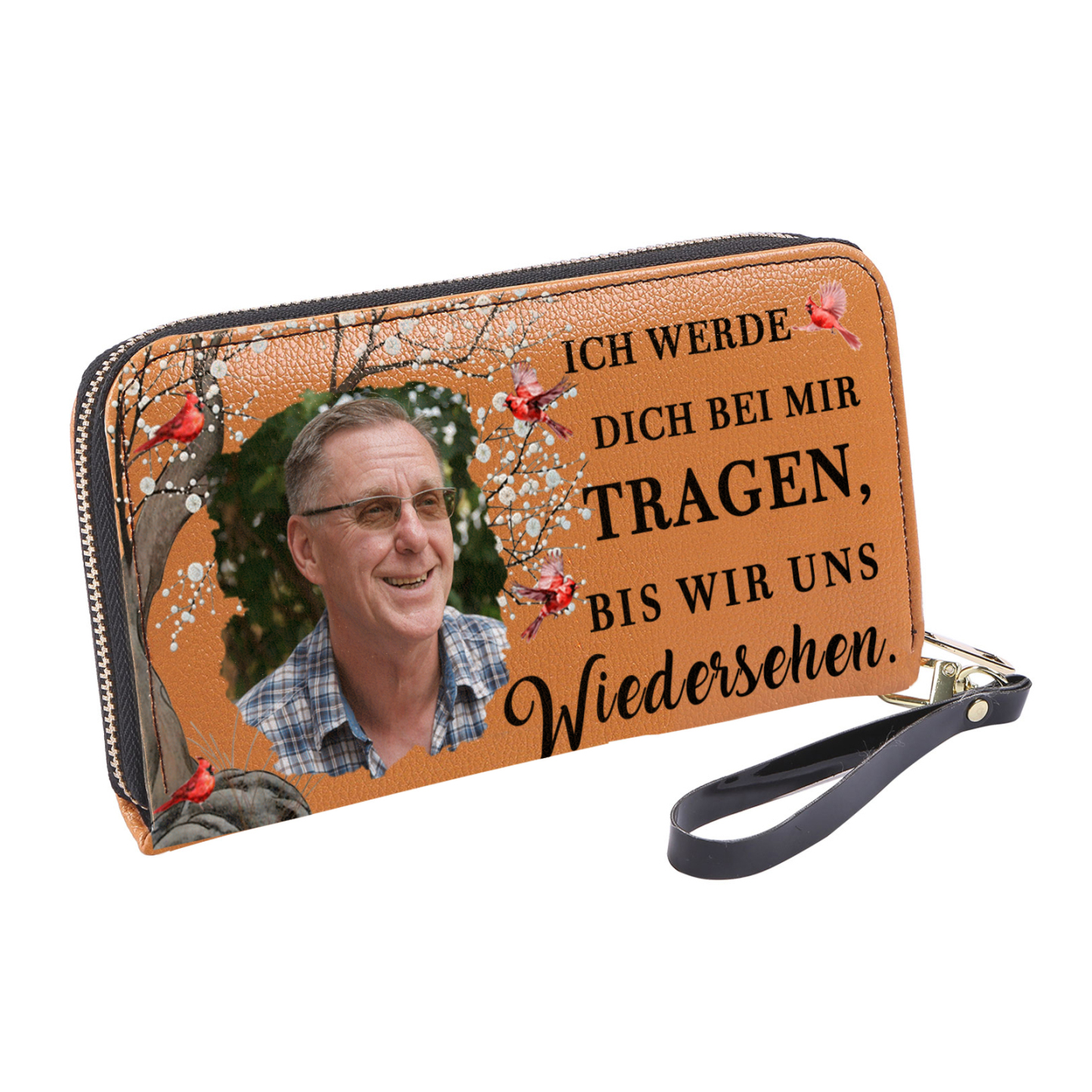 Personalisiertes Foto Rot/ Grau/ Orange PU Leder Geldbörse – Ich werde dich bei mir tragen, bis wir uns wiedersehen – Andenken Geldbeutel