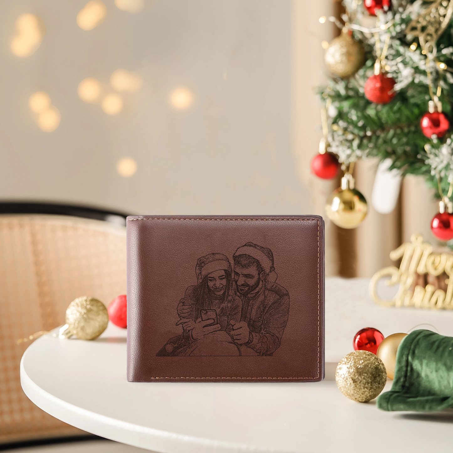 Herren Personalisiertes Foto & 1 Name & Buchstabe PU Leder Herren Geldbörse in Braun