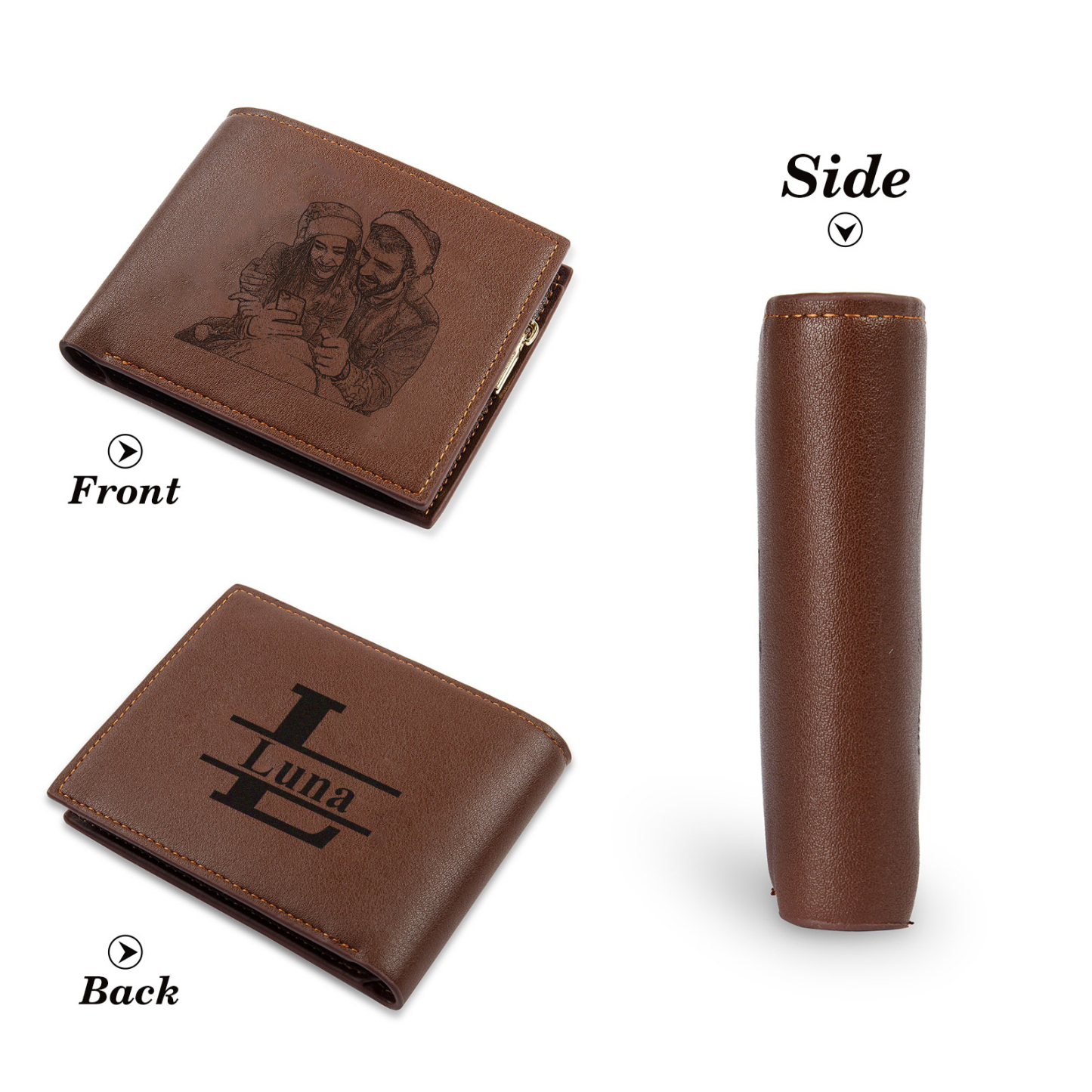 Herren Personalisiertes Foto & 1 Name & Buchstabe PU Leder Herren Geldbörse in Braun