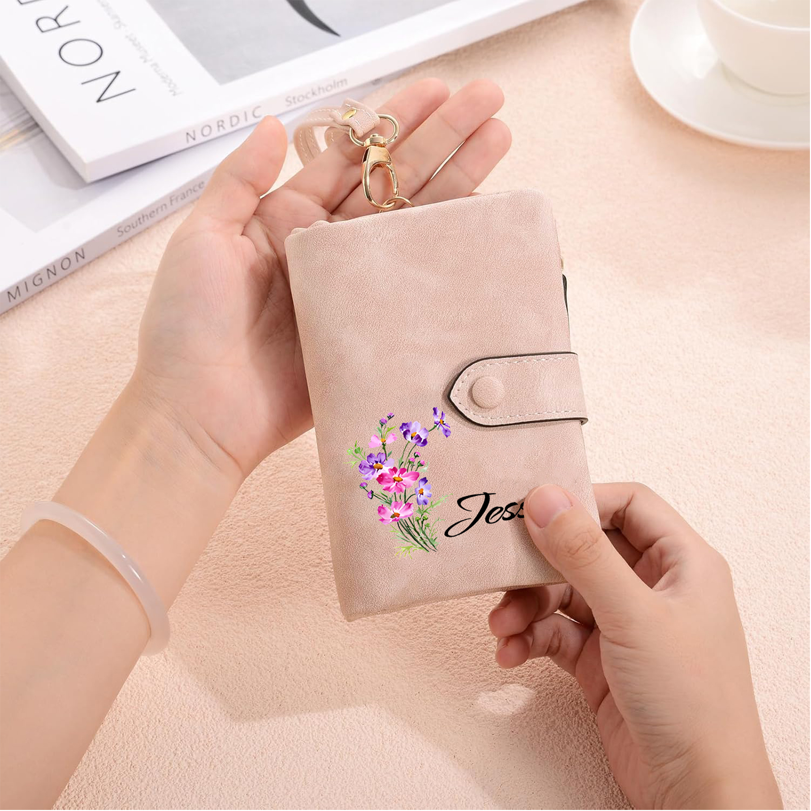 Damen Personalisierter 1 Name & Geburtsblume PU-Leder Rosa Geldbörse