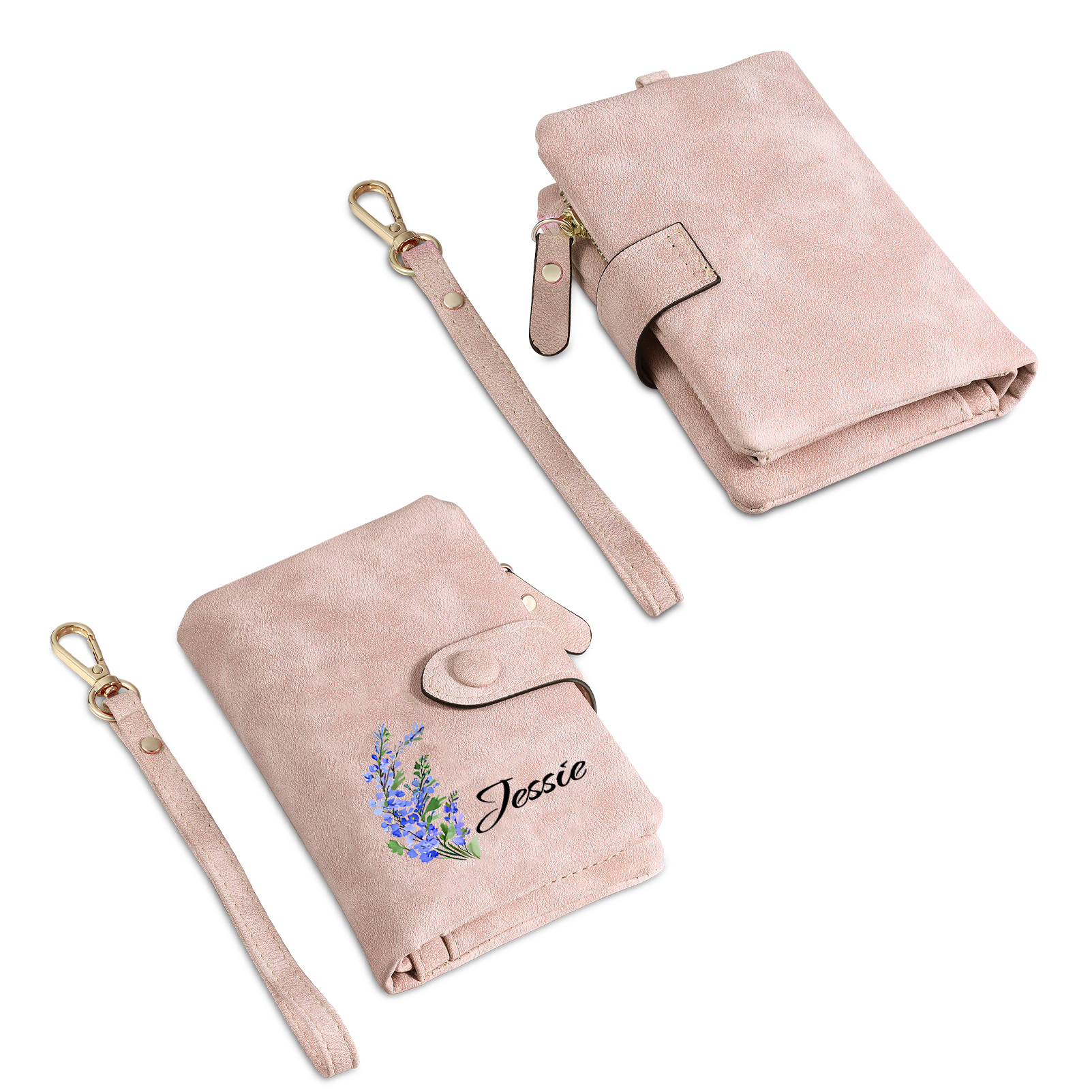 Damen Personalisierter 1 Name & Geburtsblume PU-Leder Rosa Geldbörse