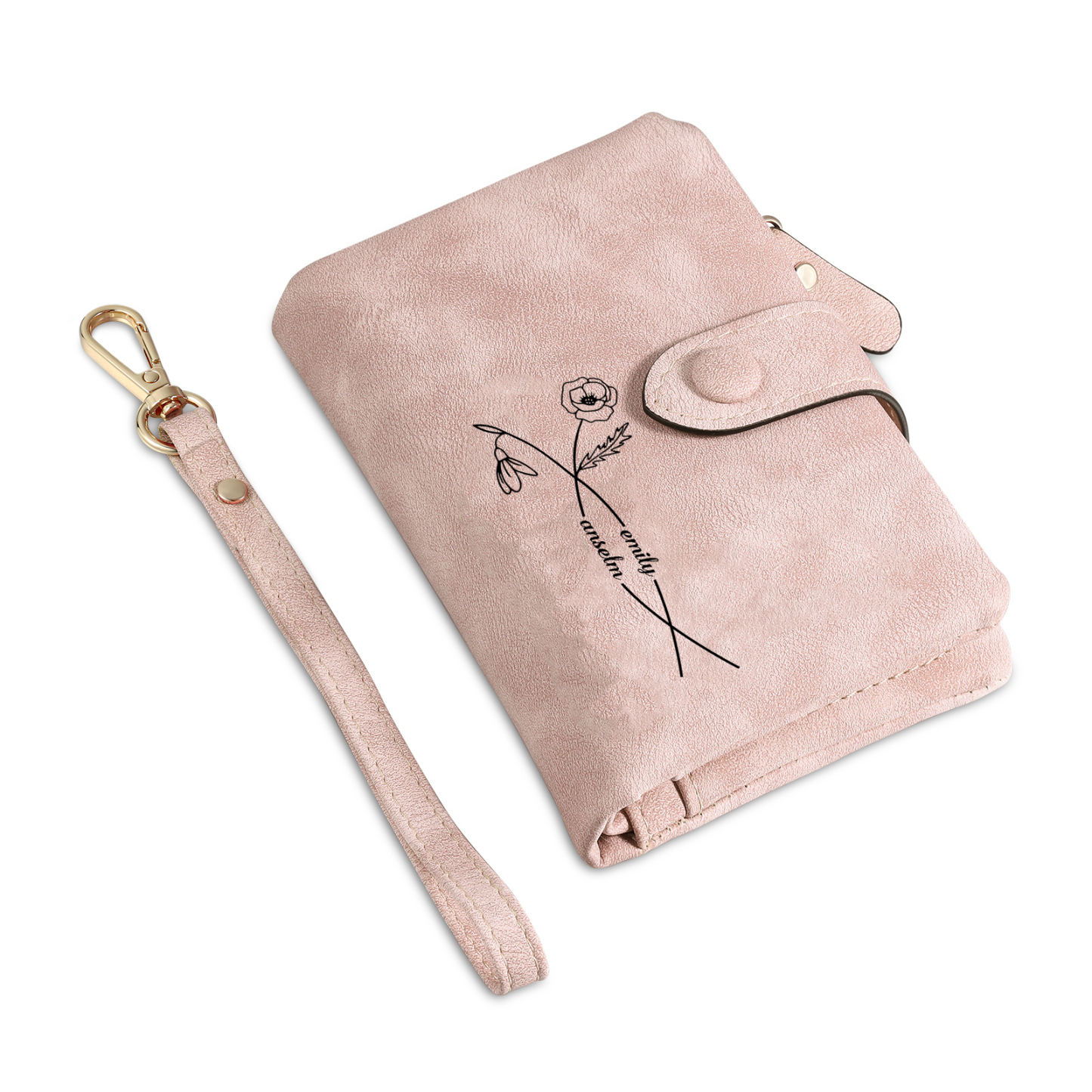 Damen Personalisierte 2 Namen & Geburtsblume PU Leder Rosa Geldbörse