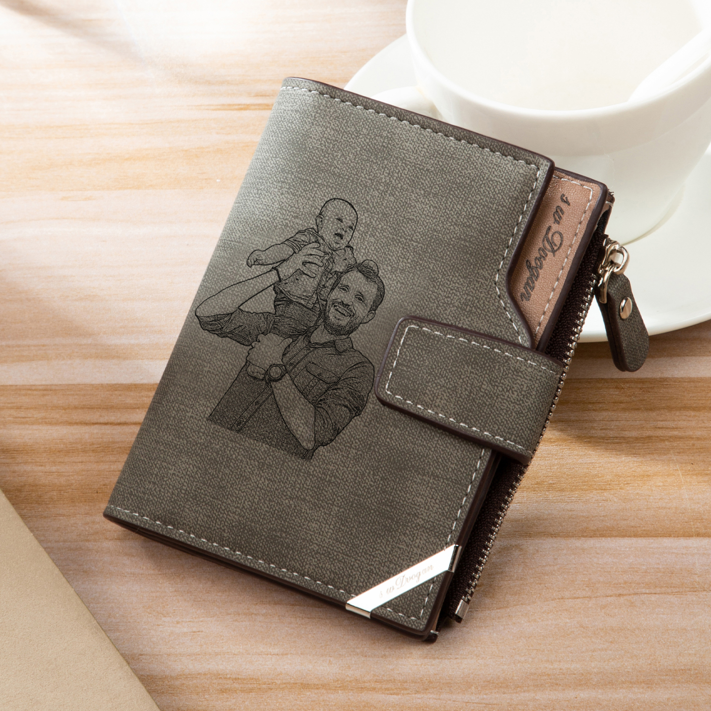 Herren Personalisierte Foto & Name & Buchstabe PU Leder Braun Geldbörse mit Reißverschluss