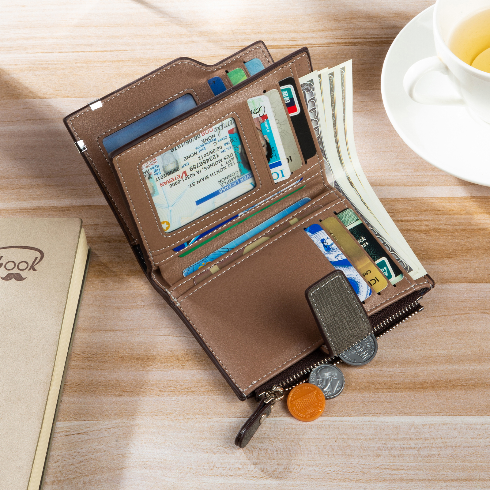 Herren Personalisierte Foto & Name & Buchstabe PU Leder Braun Geldbörse mit Reißverschluss