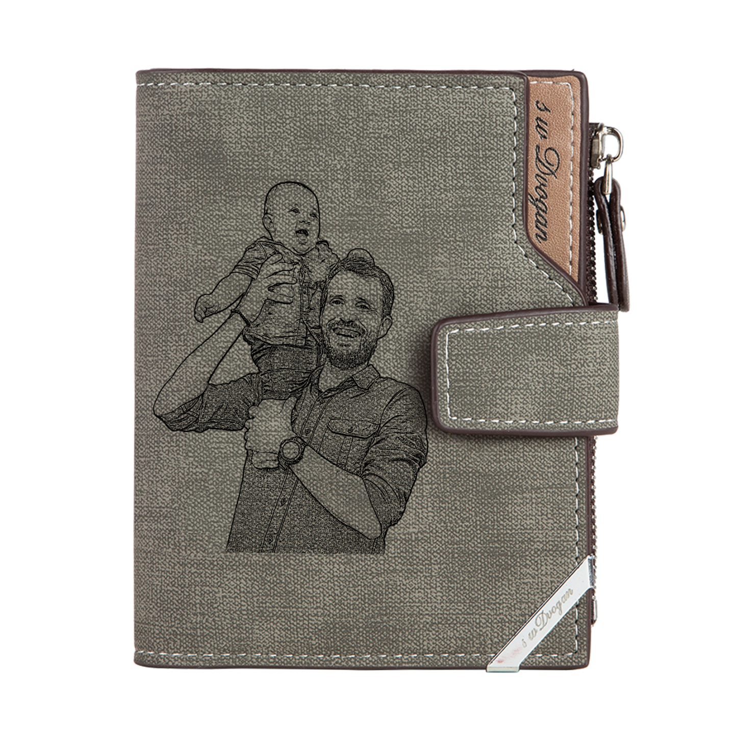 Herren Personalisierte Foto & Name & Buchstabe PU Leder Braun Geldbörse mit Reißverschluss