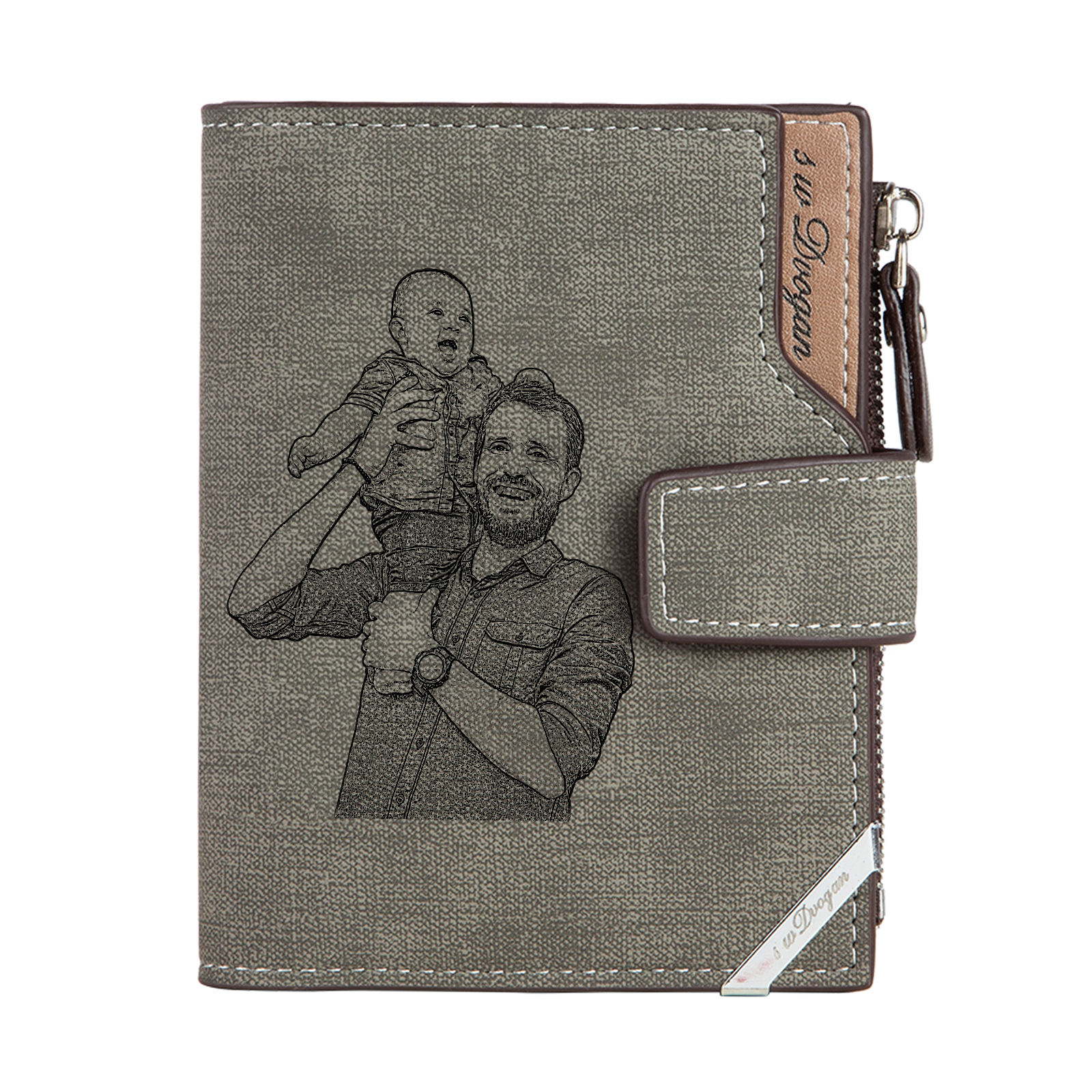 Herren Personalisierte Foto & Name & Buchstabe PU Leder Braun Geldbörse mit Reißverschluss