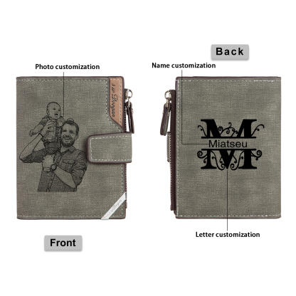 Herren Personalisierte Foto & Name & Buchstabe PU Leder Braun Geldbörse mit Reißverschluss