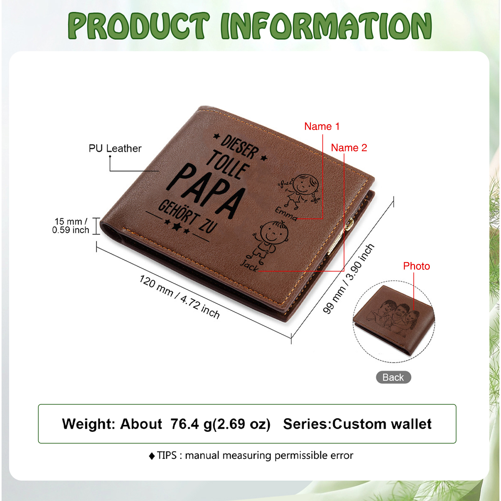 Herren Personalisiertes Foto & 1-5 Namen -Dieser tolle Papa gehört zu- Leder Geldbörse mit Münzfächer-Geschenk für Vater